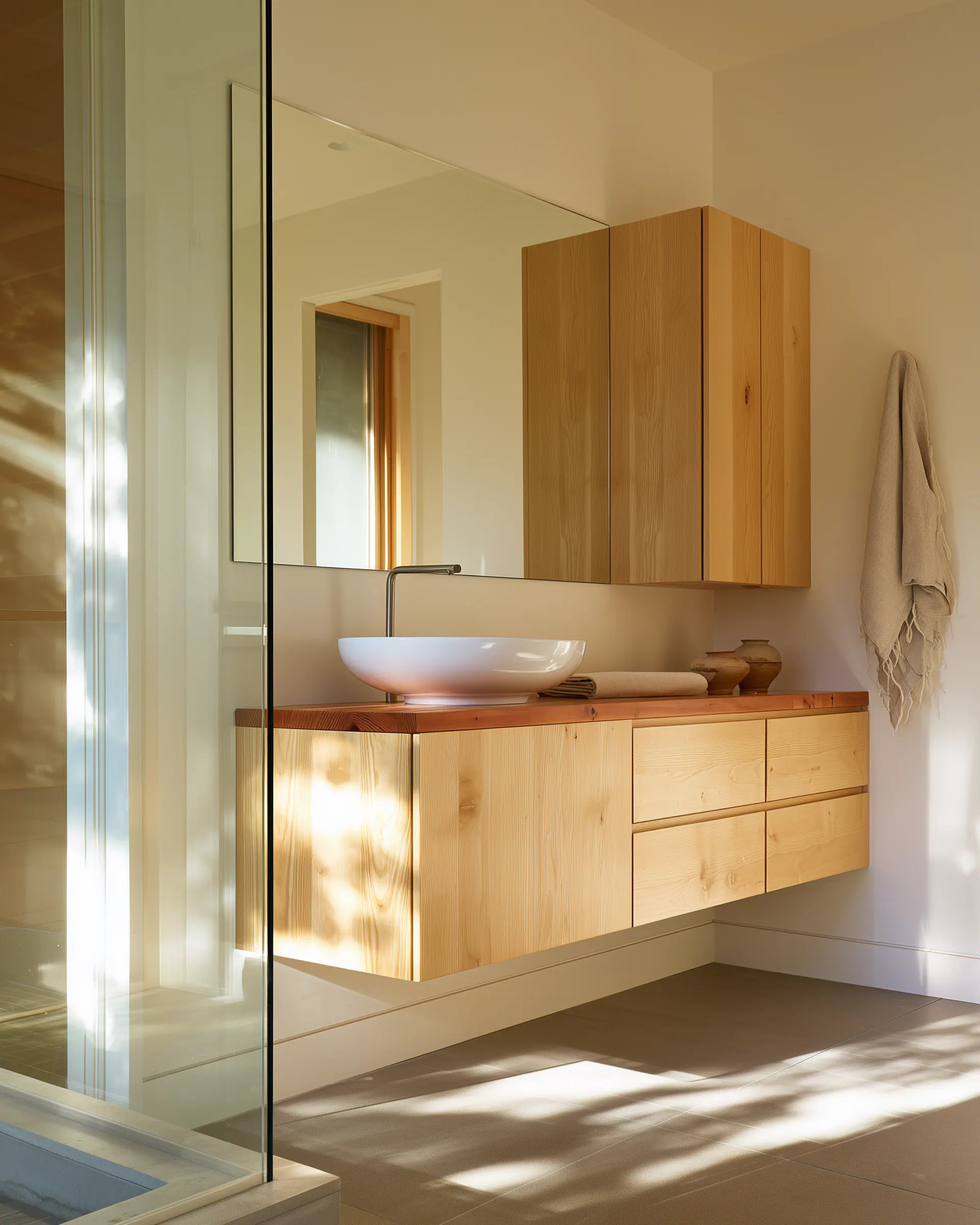 Sunlit light wood vanity and matching wall cabinet arranged behind clear shower glass
