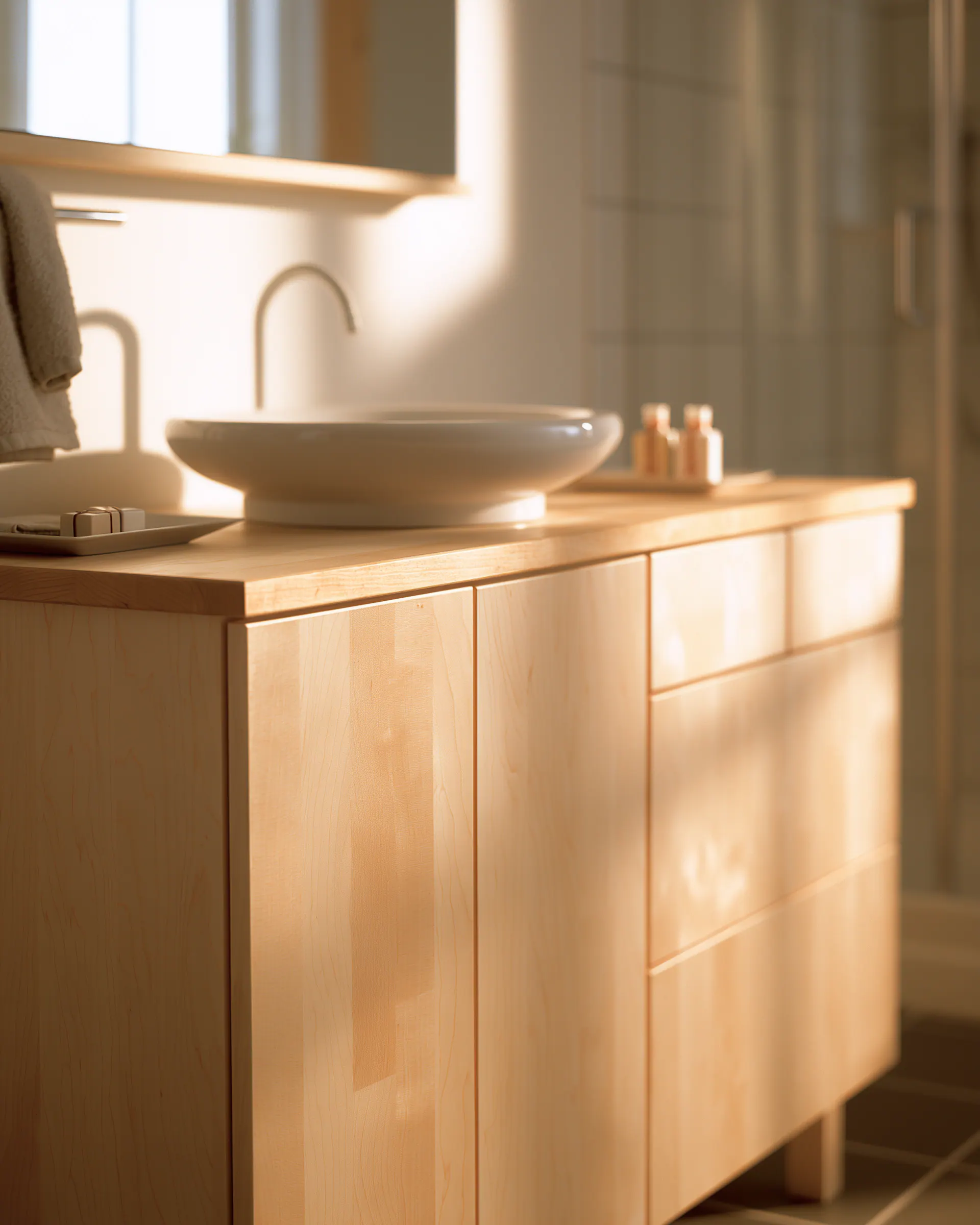 Close furniture view of a light wood bathroom vanity with vessel basin and fine joinery