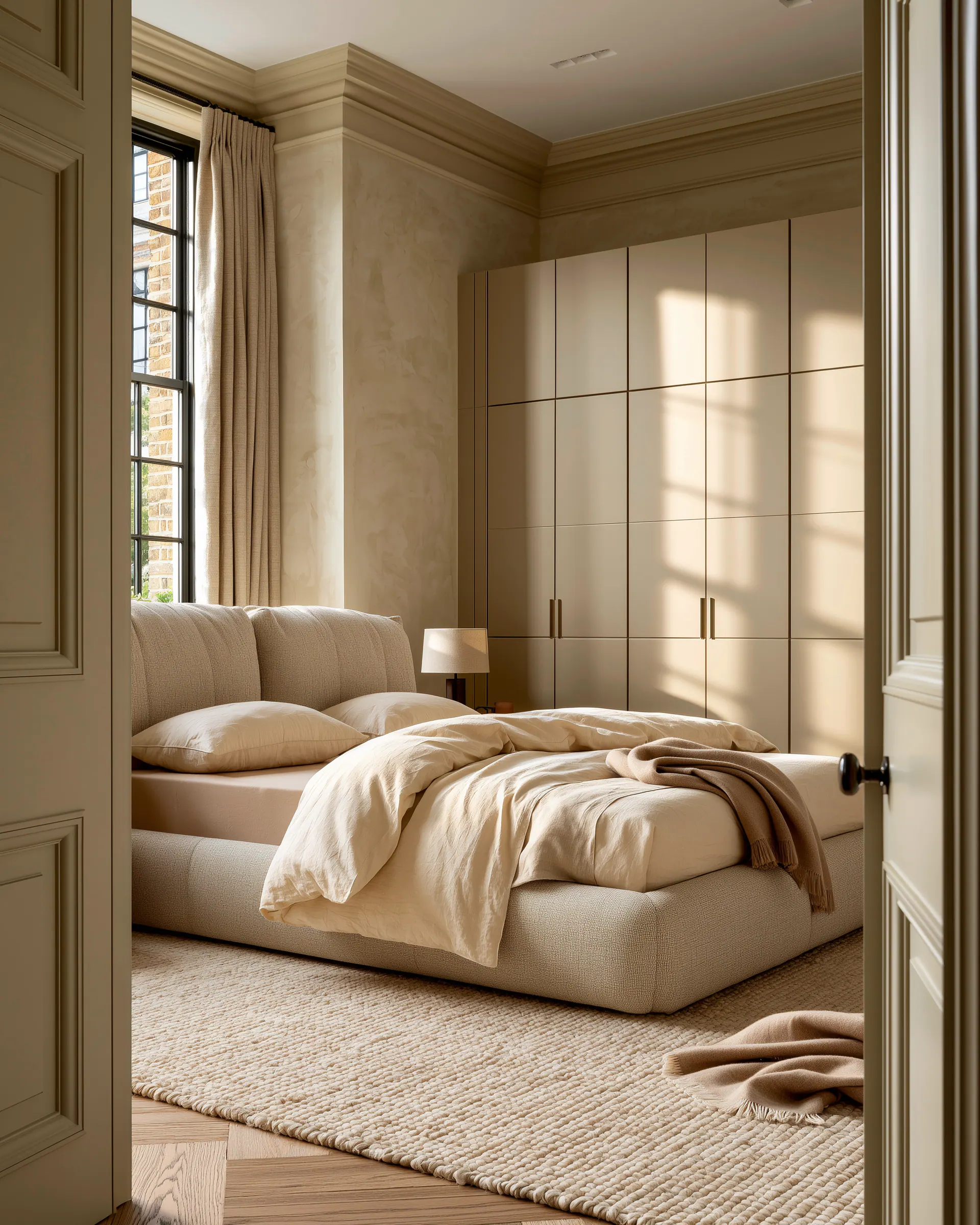 Pale aluminum fitted wardrobe placed behind a softly layered bed in a calm daylight bedroom