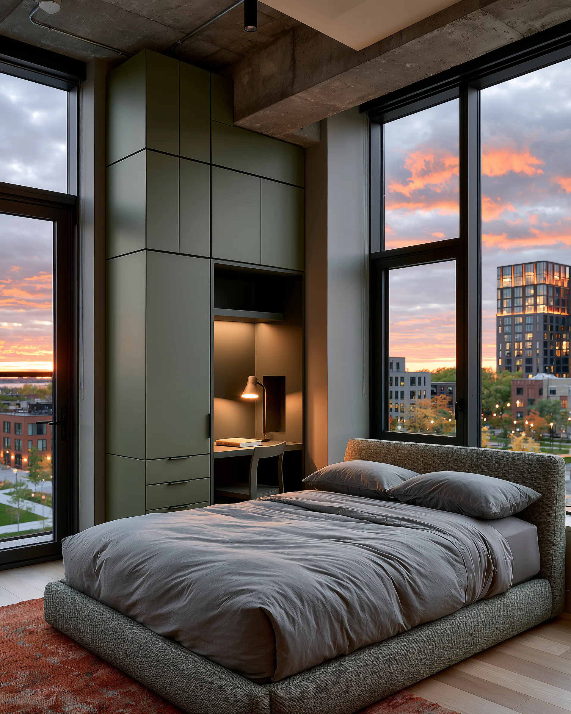 Olive aluminum storage wall with an integrated desk beside a bed and tall city windows
