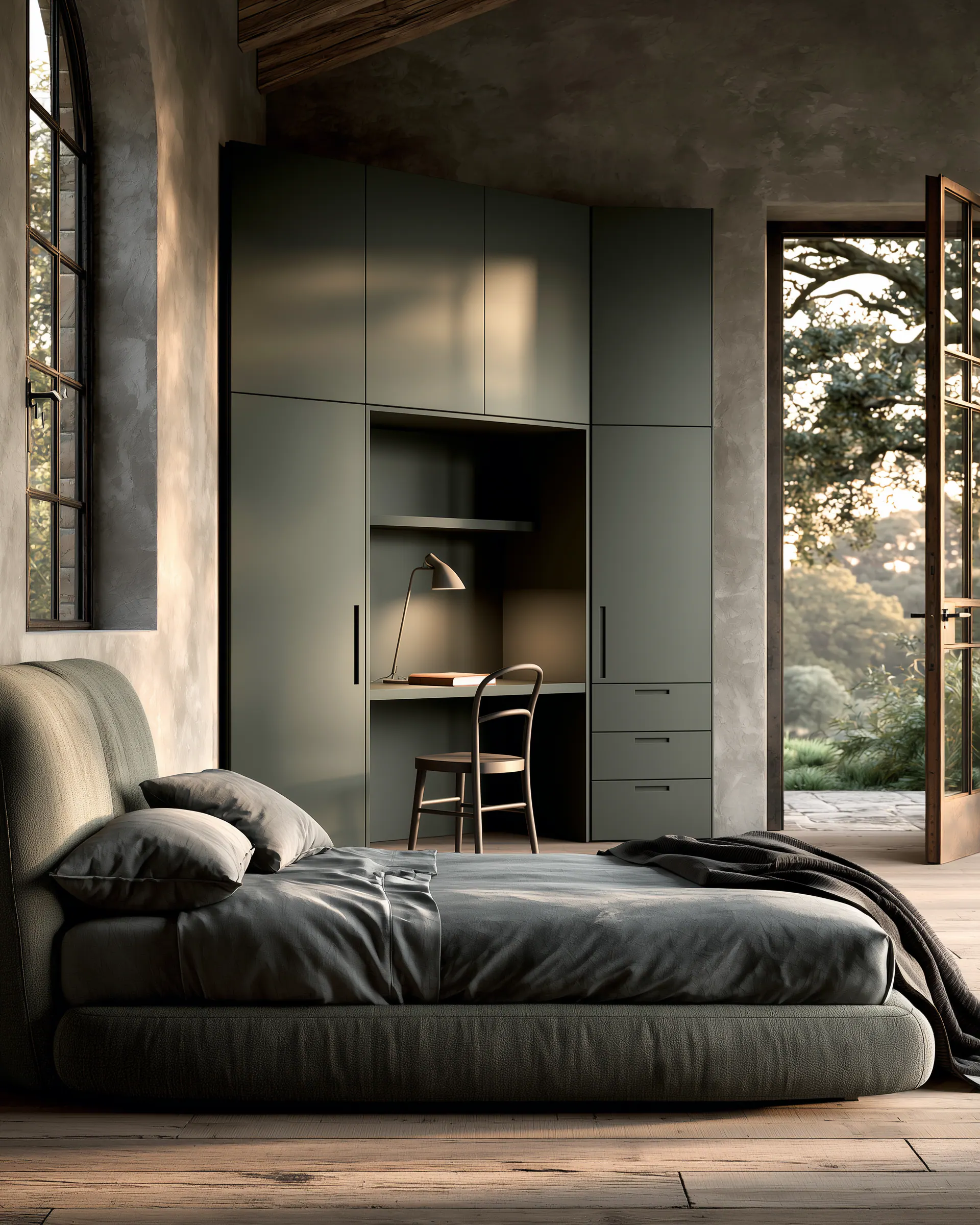 Deep olive aluminum cabinet wall with a study niche in a warm industrial bedroom