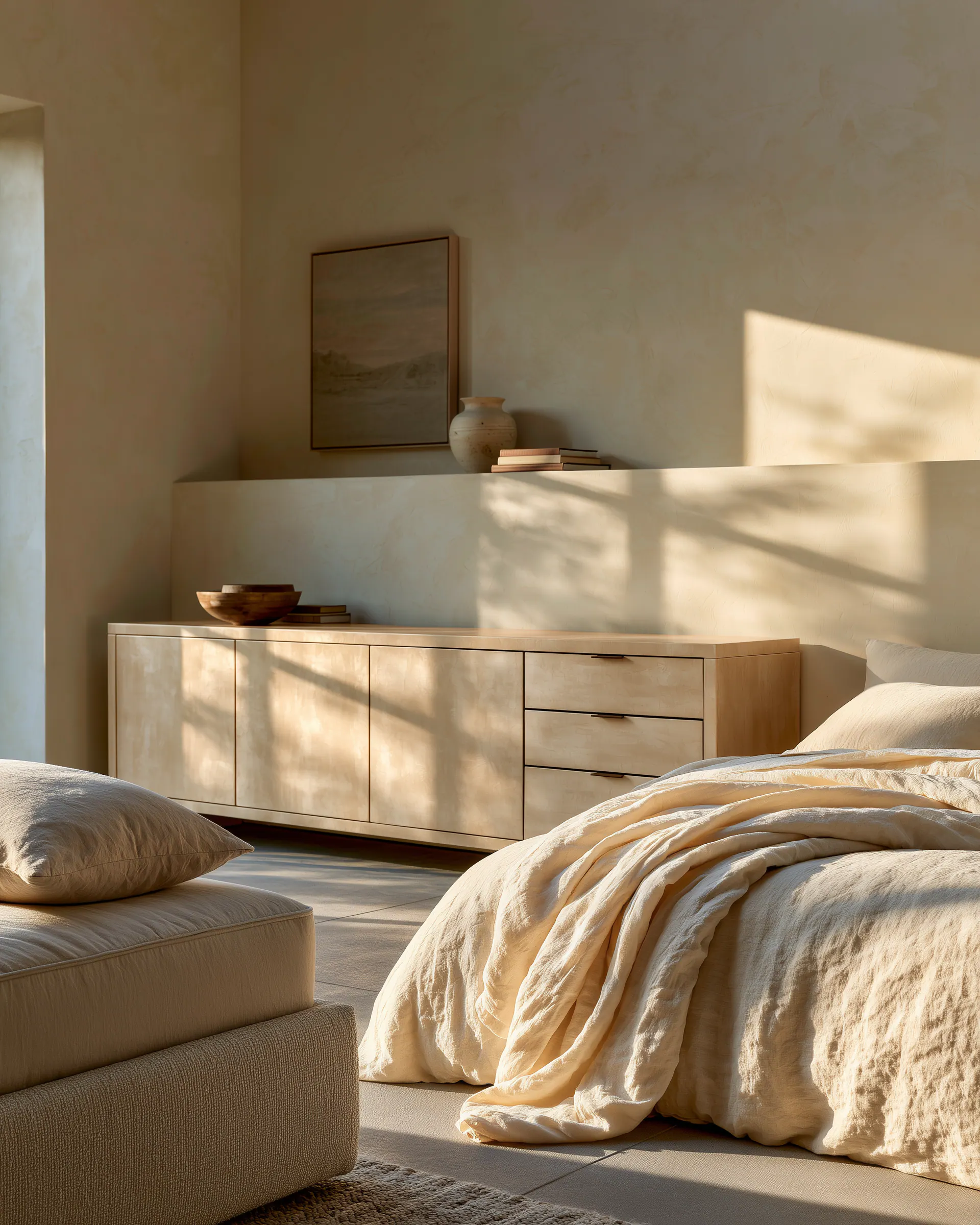 Low pale aluminum bedroom cabinet catching morning light beside a softly dressed bed