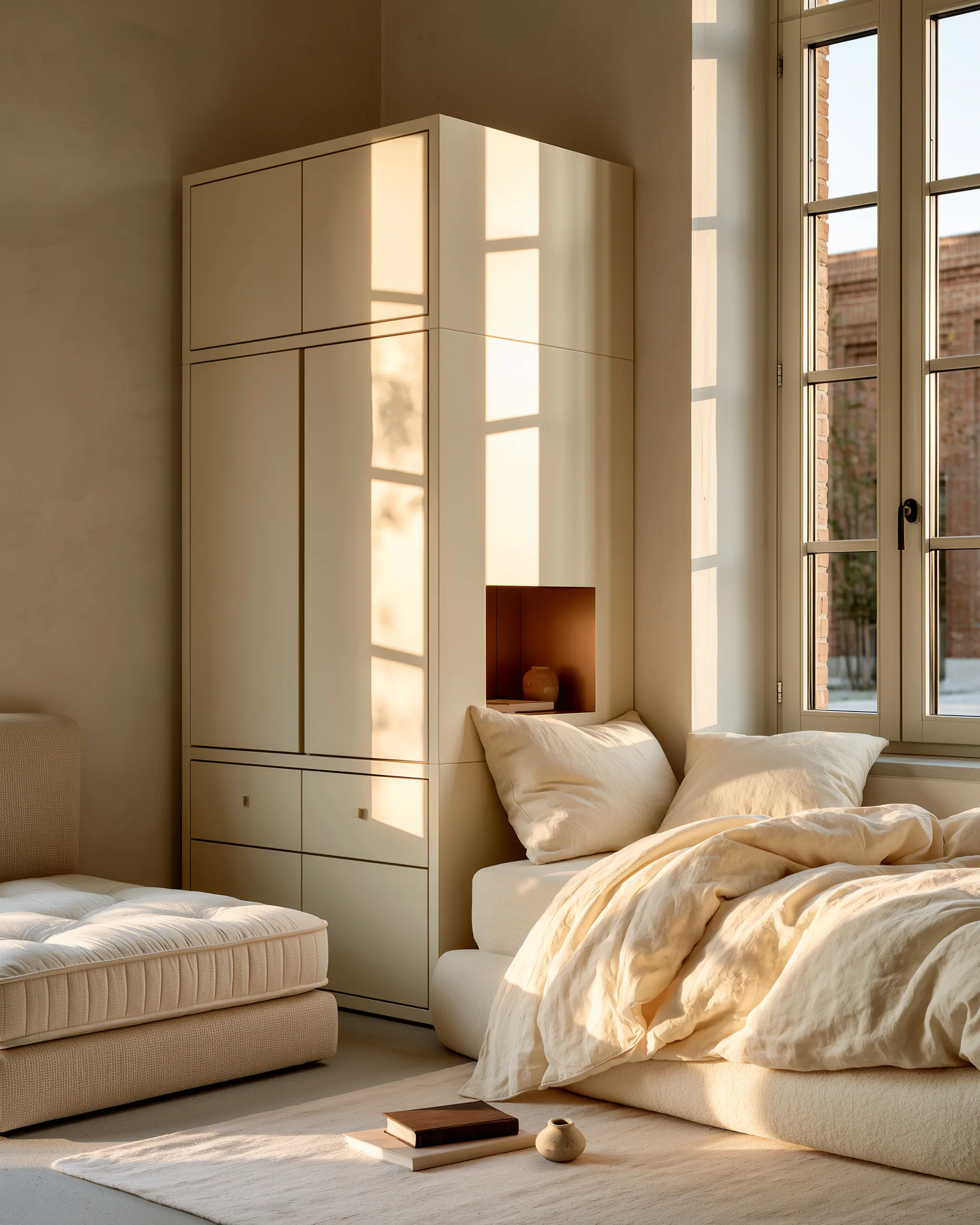 Tall cream aluminum bedroom cabinet with lower drawers and a small open display niche