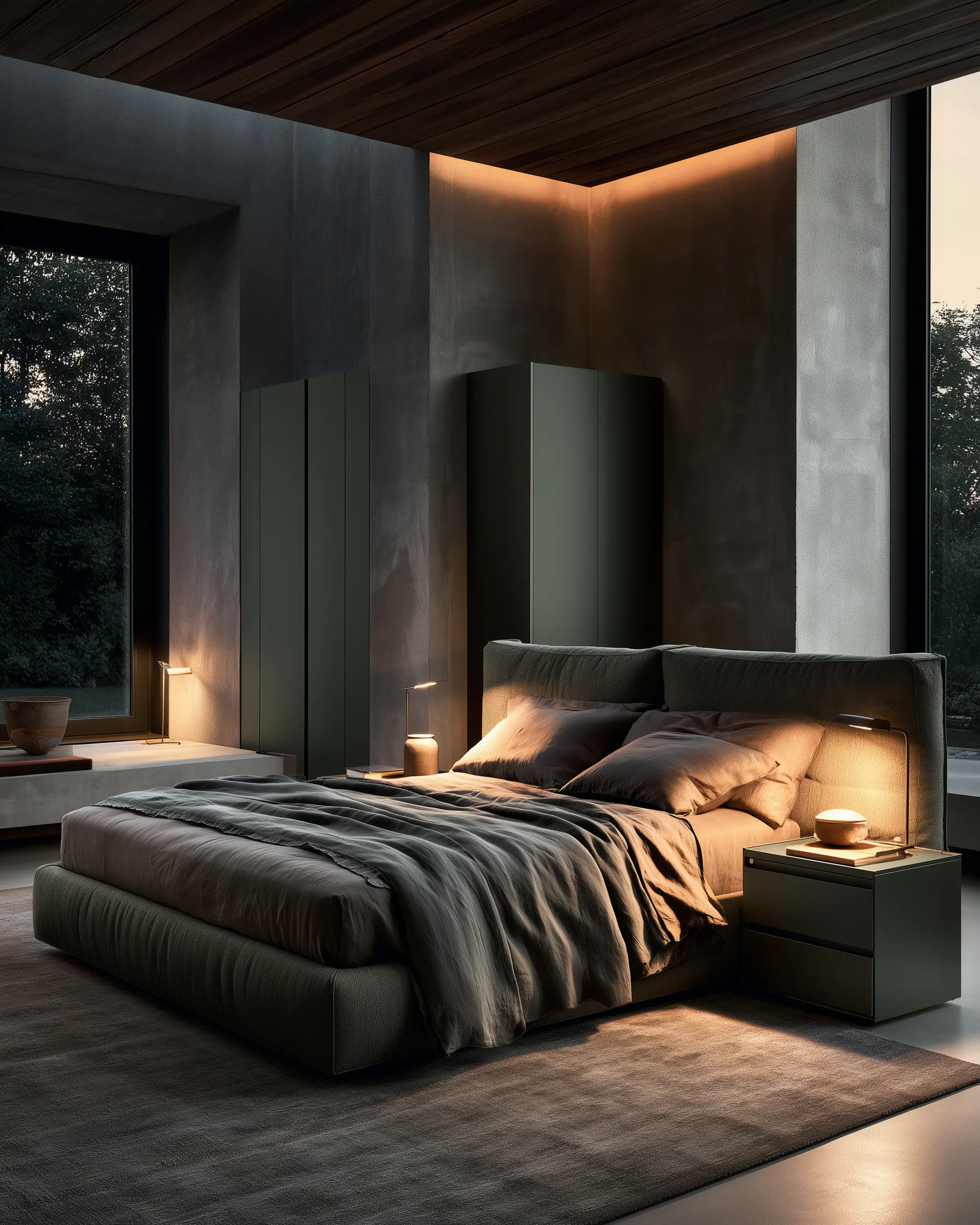 Dark olive aluminum wardrobes and bedside cabinet framing a tailored evening bedroom