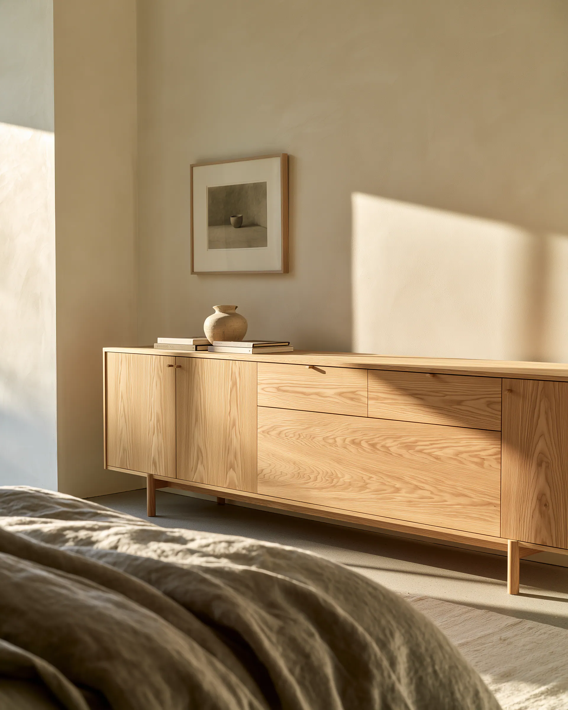 Long light wood bedroom sideboard with visible grain and fine framed drawer fronts