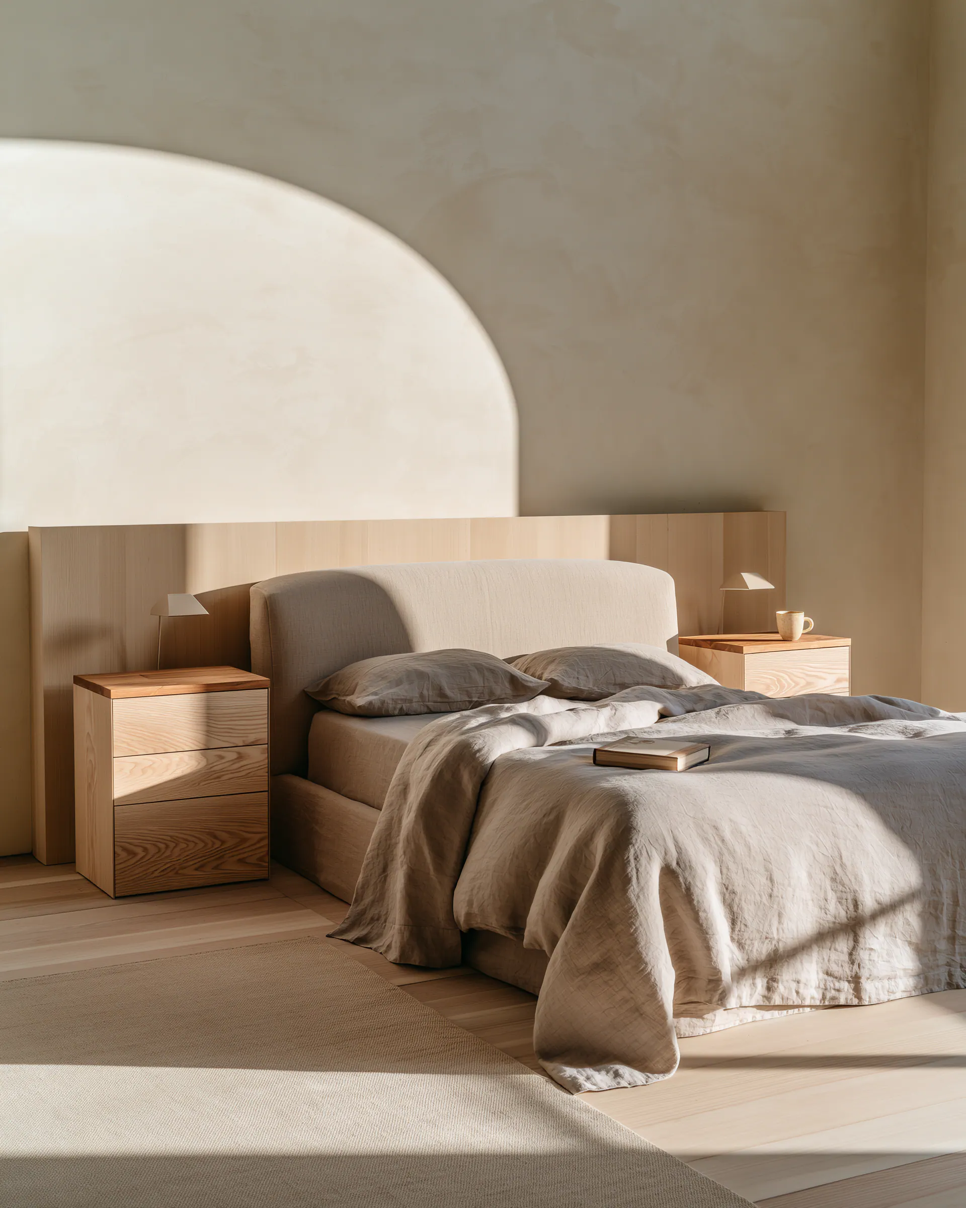 Warm wood headboard joinery and matching bedside cabinets in a serene neutral bedroom