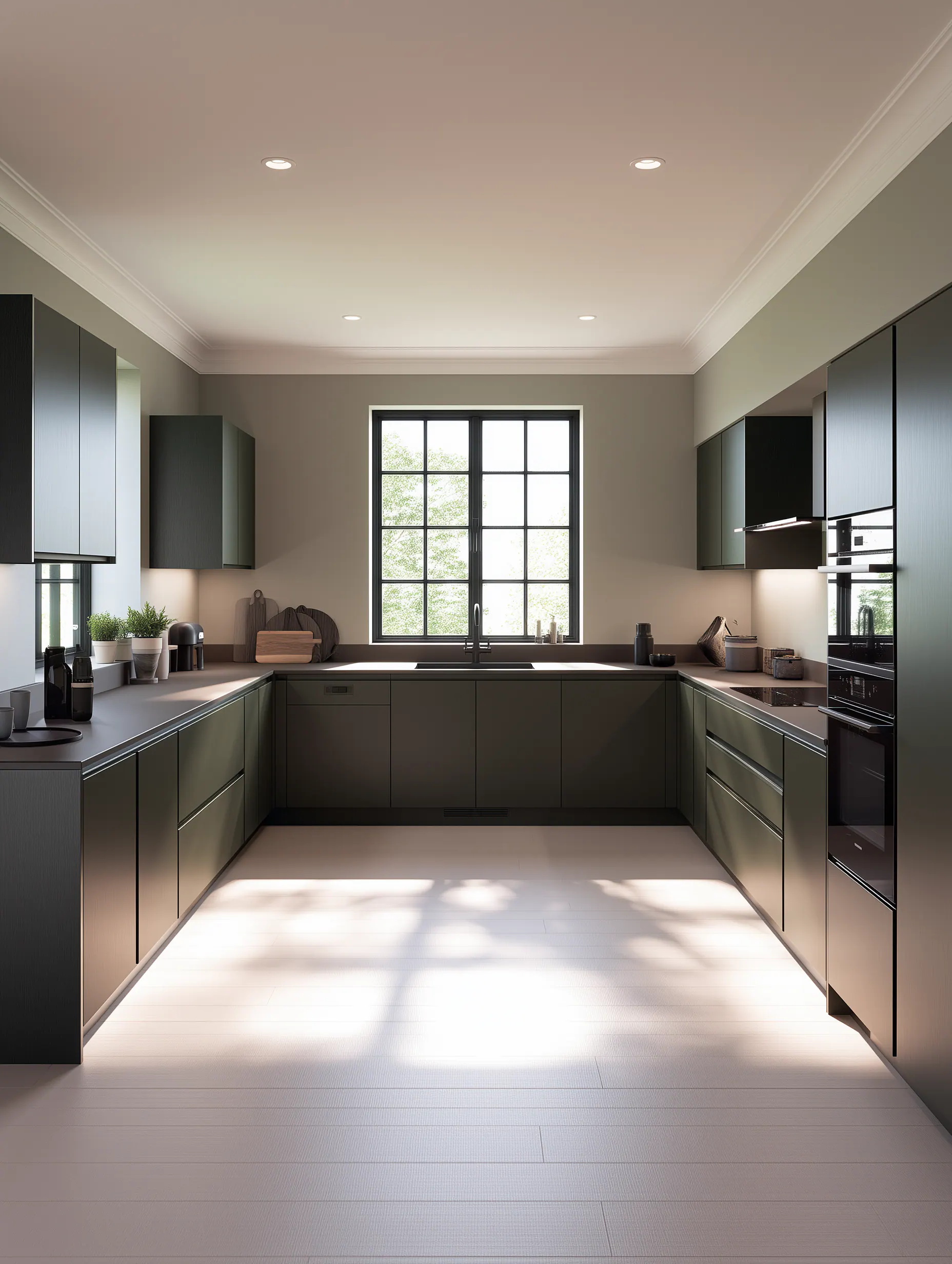 Deep olive aluminum kitchen cabinetry arranged around a bright U-shaped working plan