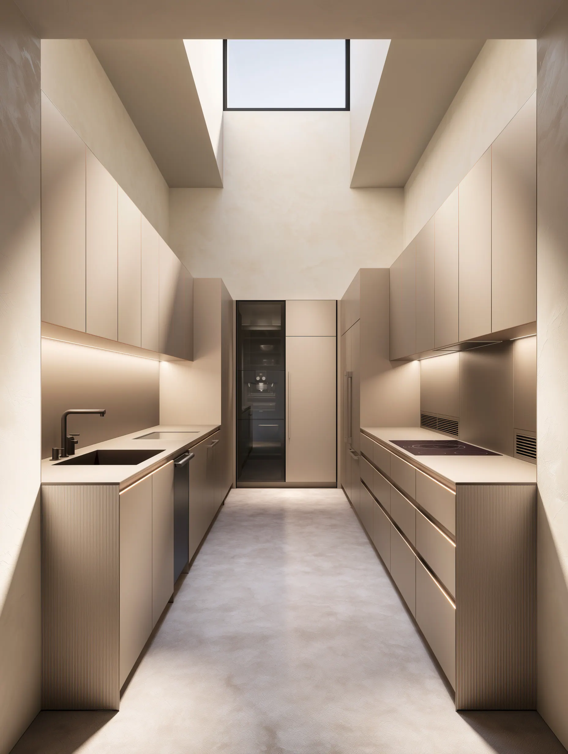 Sand toned aluminum galley kitchen with tall storage and a centered preparation run