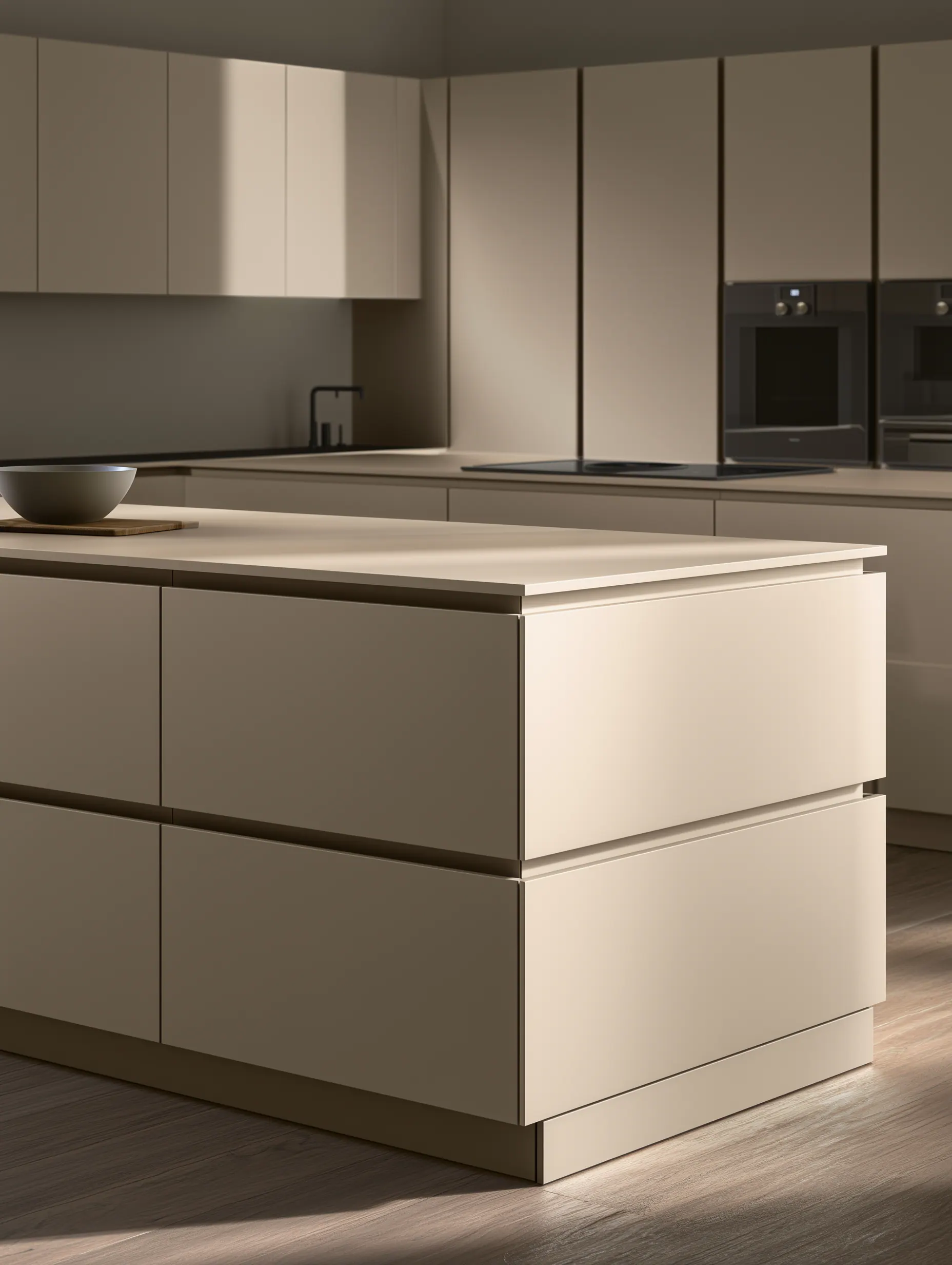 Close architectural view of a pale aluminum kitchen island and concealed cabinet wall