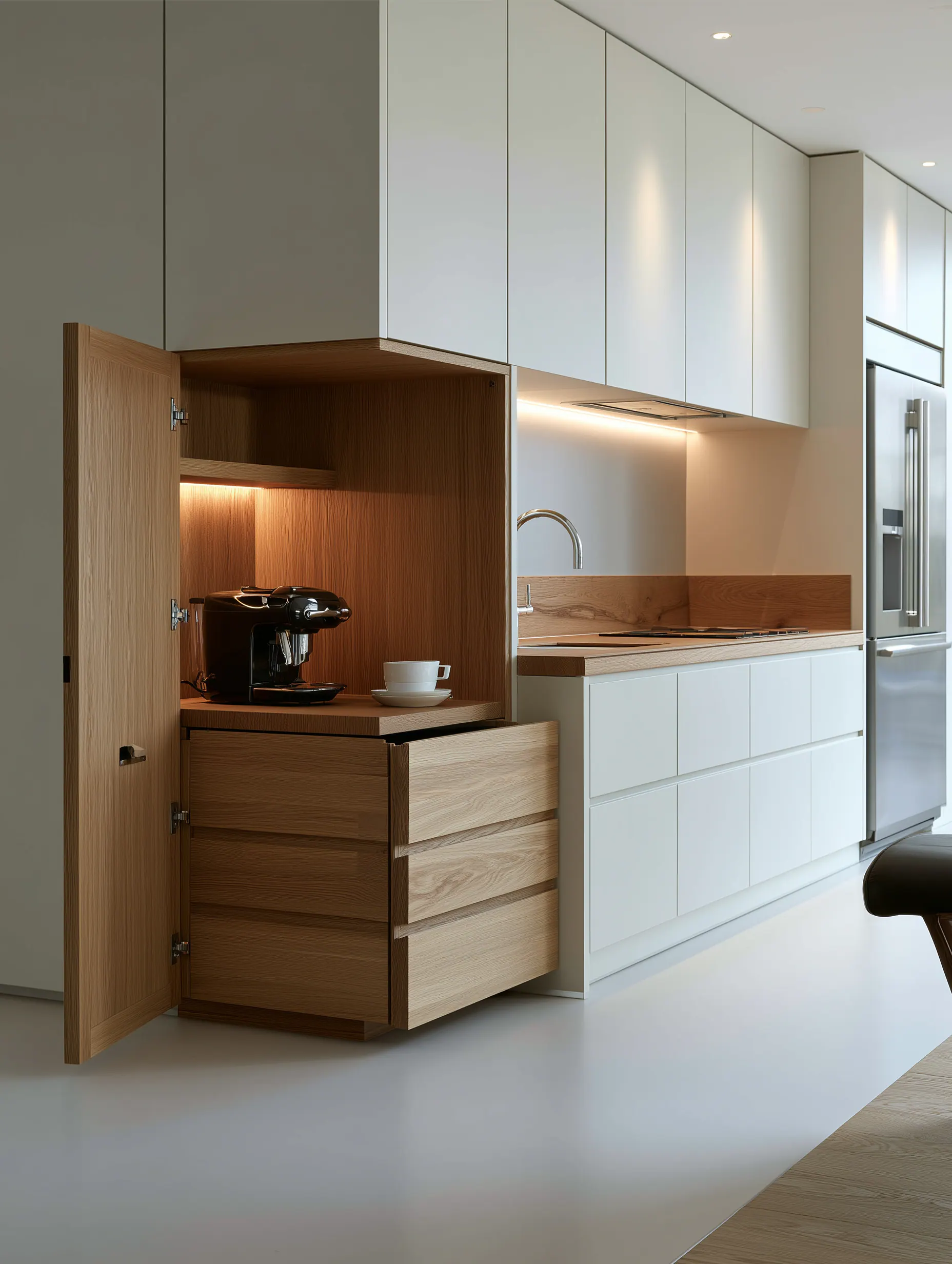 Made-to-measure wood kitchen concept with a concealed breakfast cabinet and coordinated timber worktops