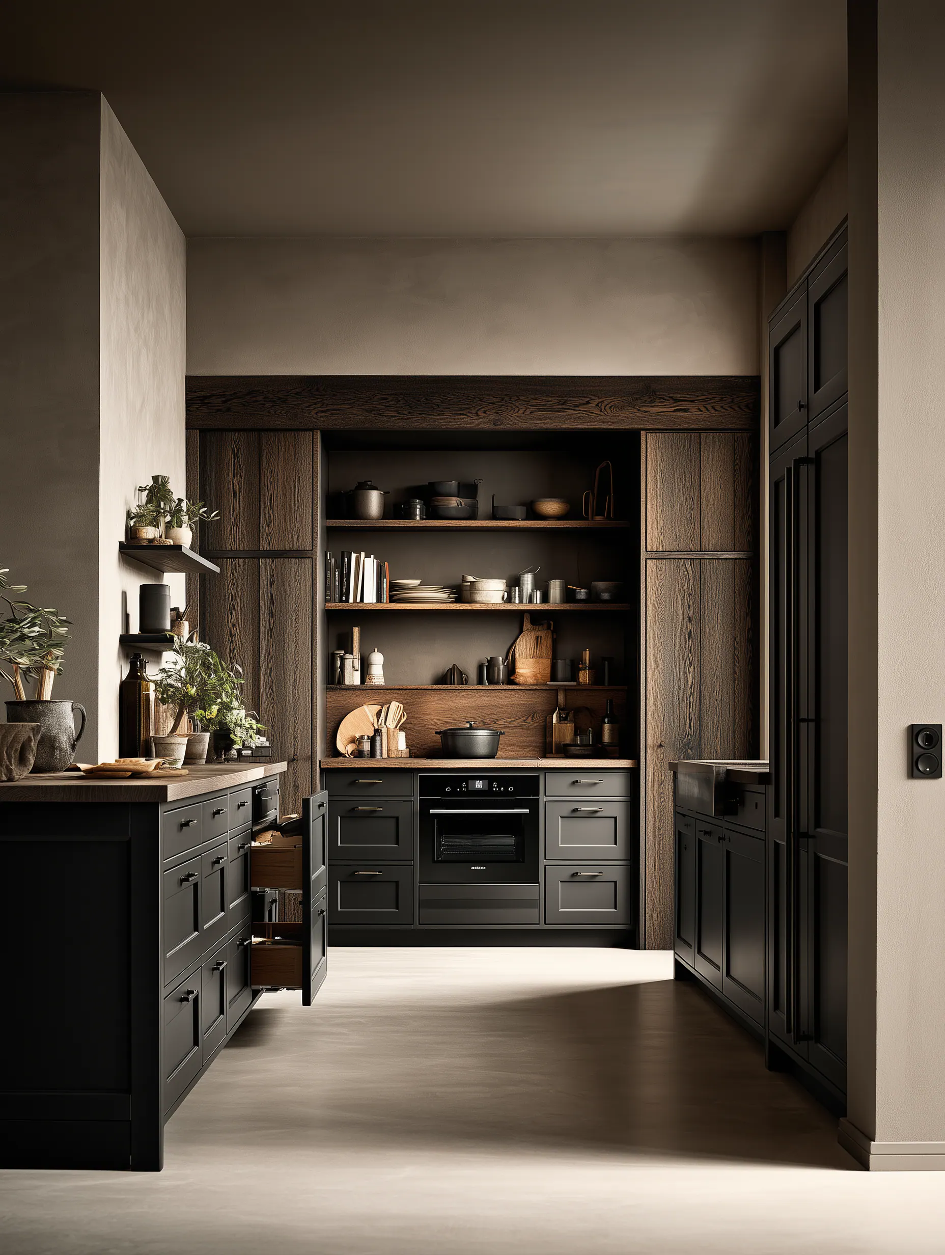 Dark wood galley kitchen concept with framed cabinetry, open storage and matching timber worktops