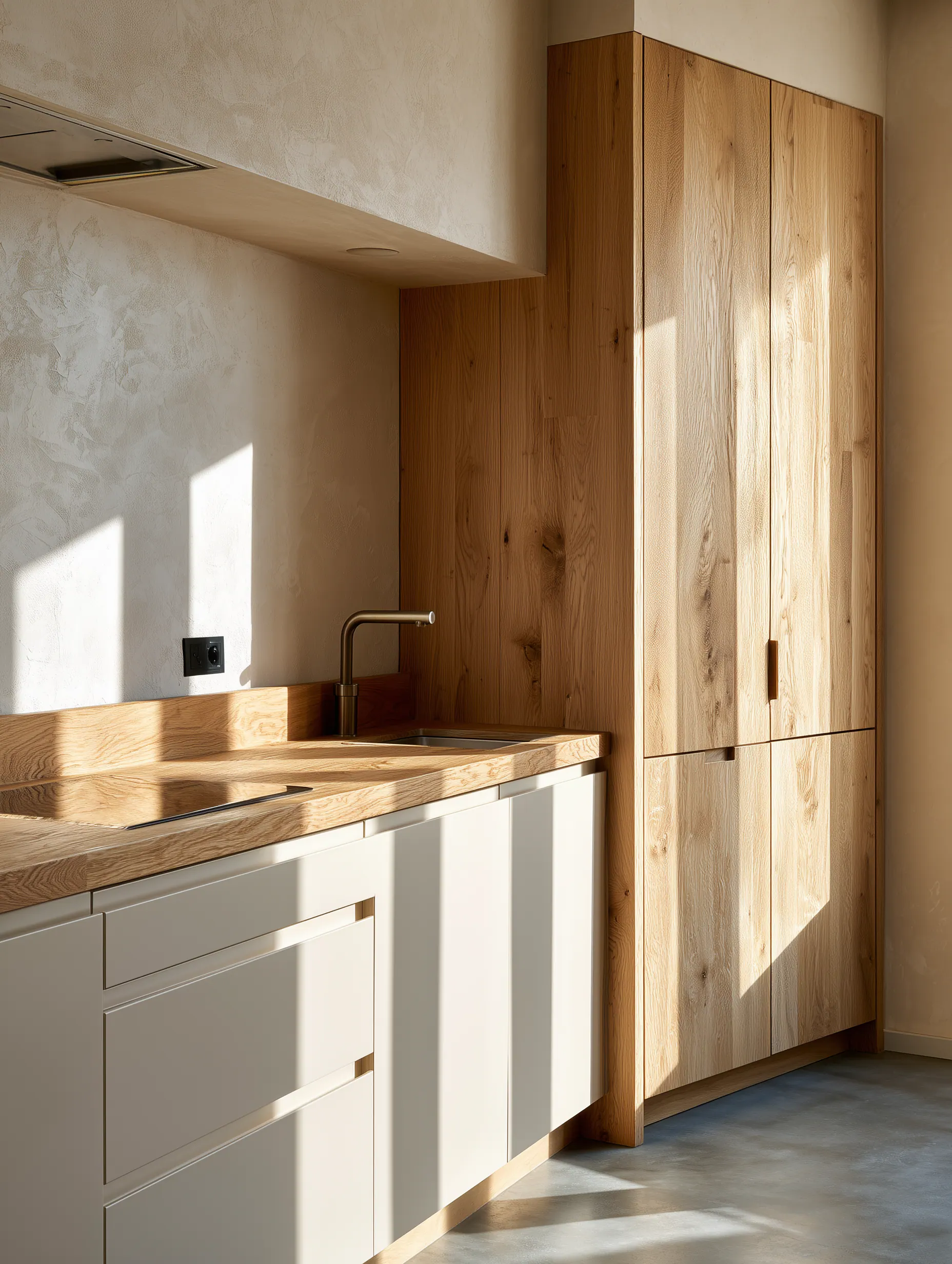 Light wood kitchen concept with a continuous timber worktop, integrated sink and full-height storage