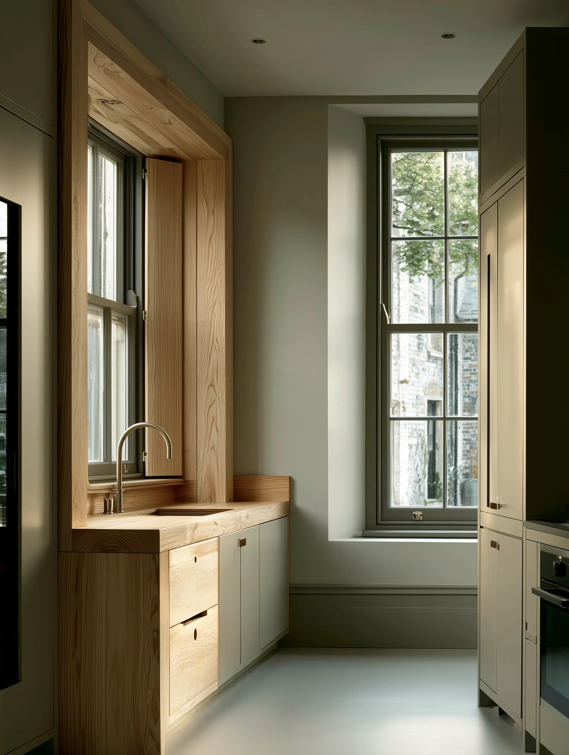 Compact light wood kitchen concept with a window-side sink, timber worktop and tall appliance cabinetry