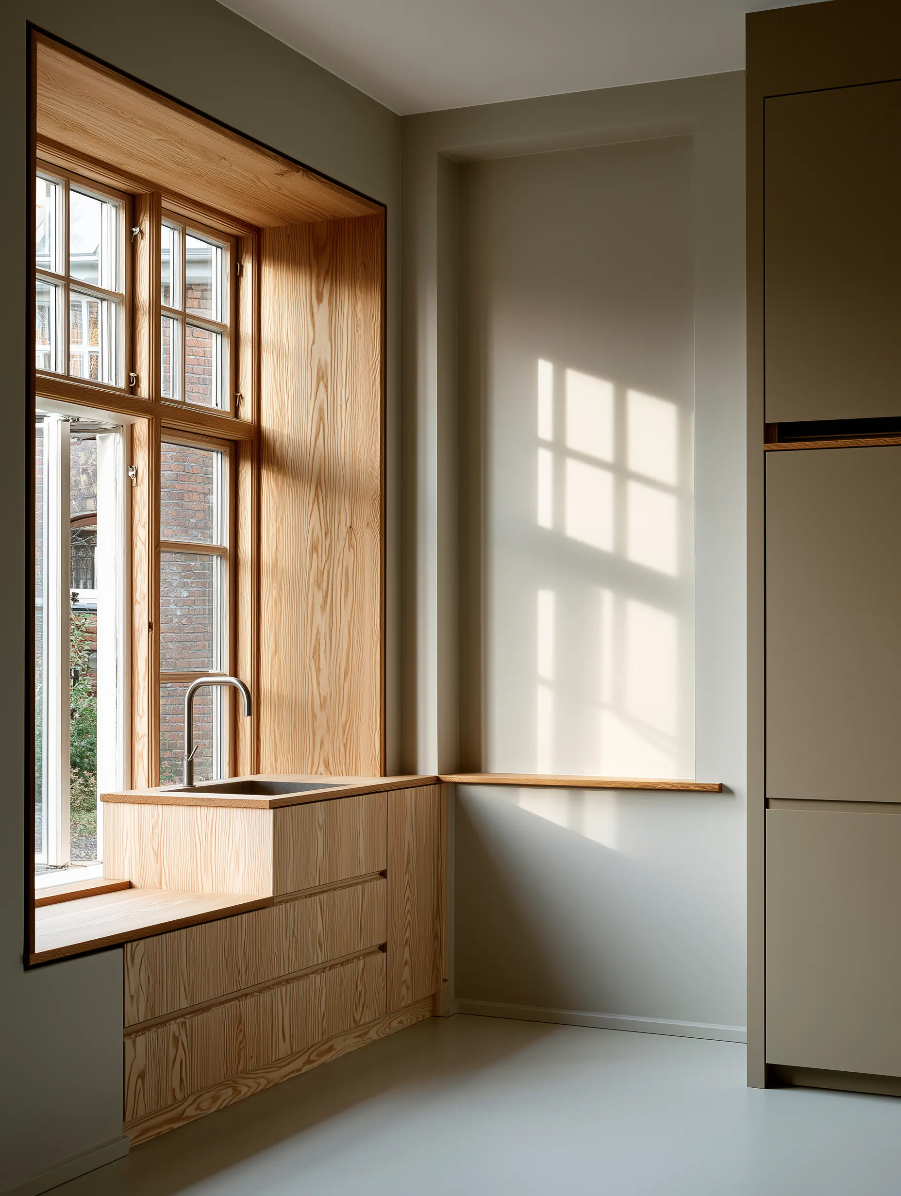 Window-side wood kitchen detail with timber sink surround, drawer storage and full-height cabinetry