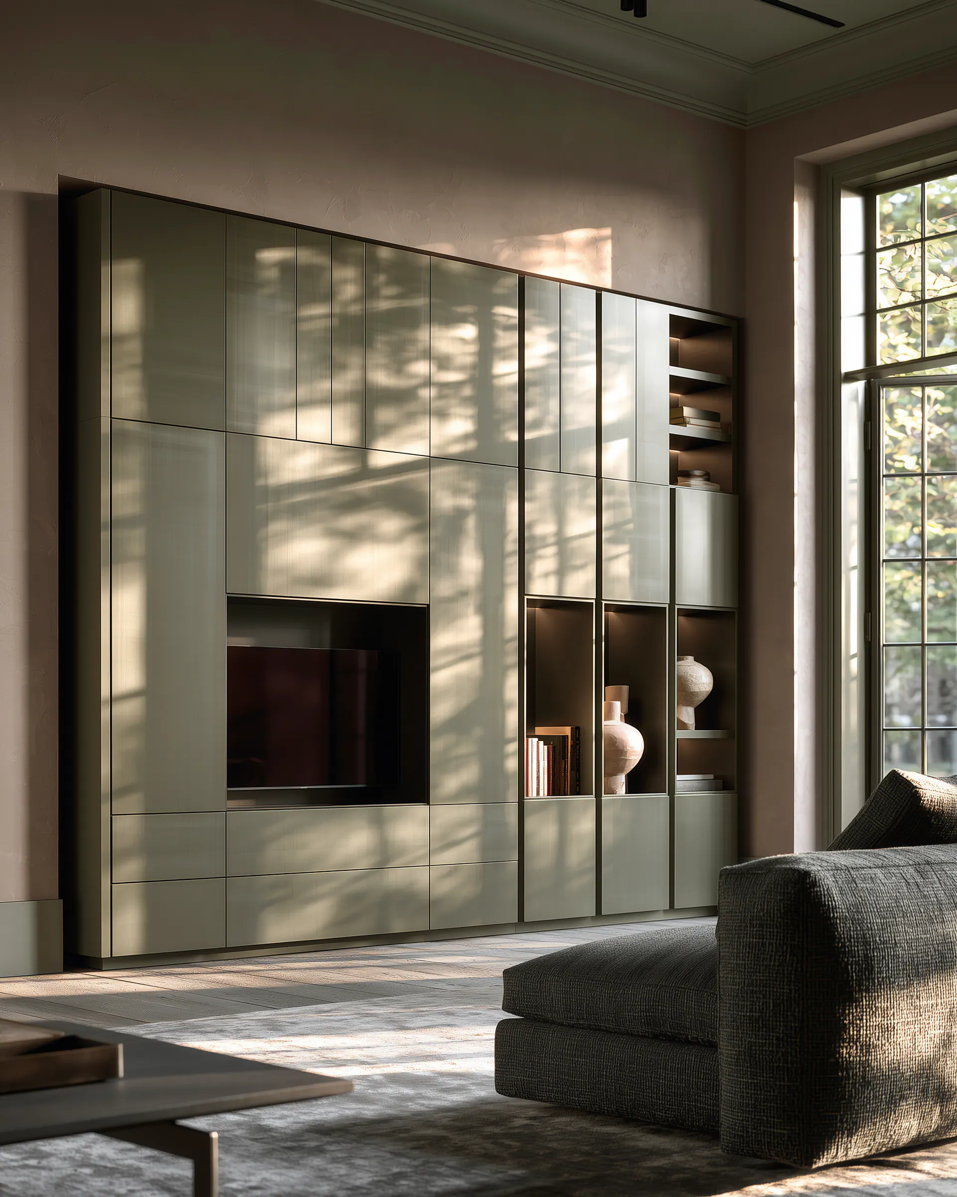 Tall muted aluminum living room cabinet wall with recessed media and display openings