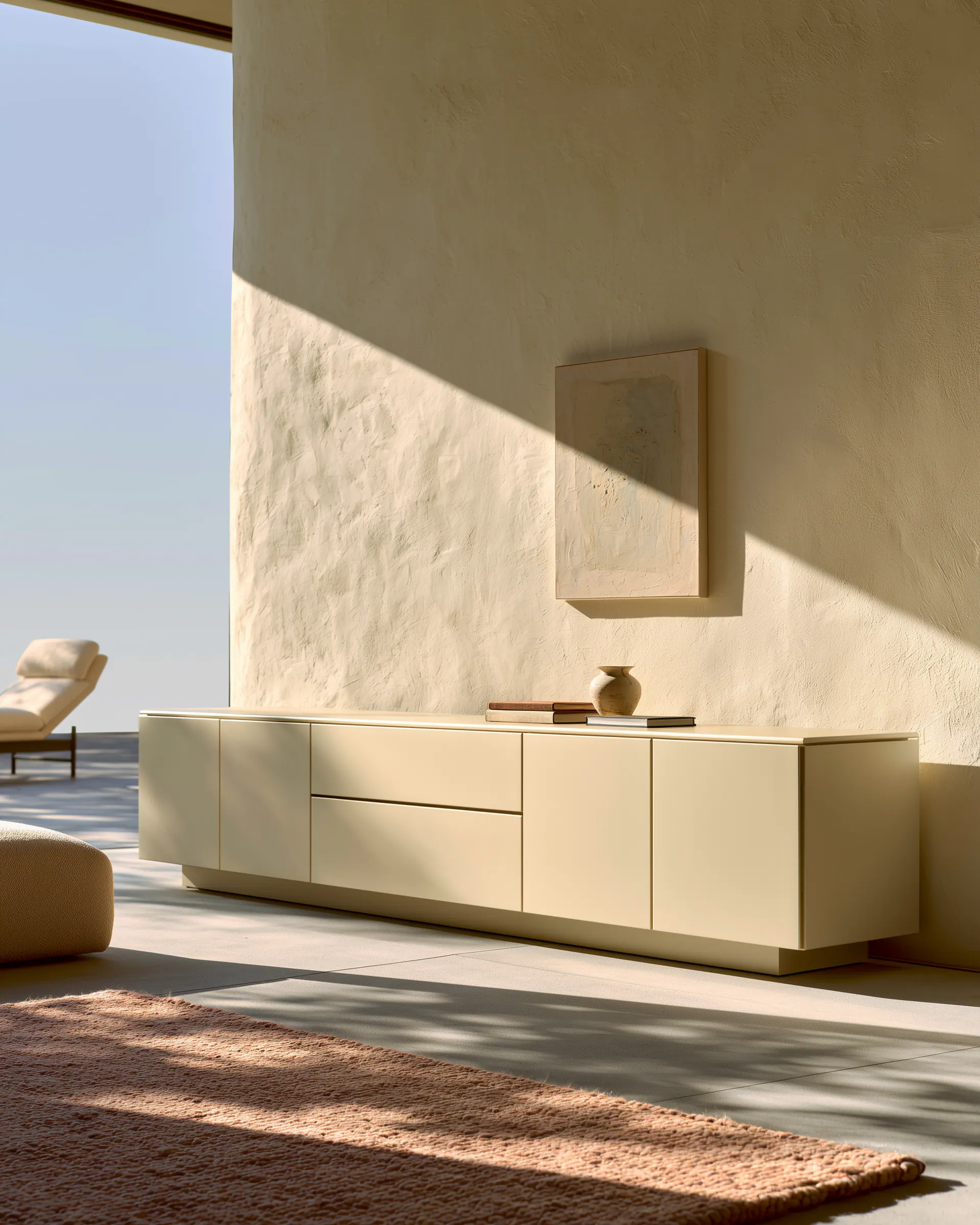 Long sand aluminum living room console floating beneath a quiet wall composition