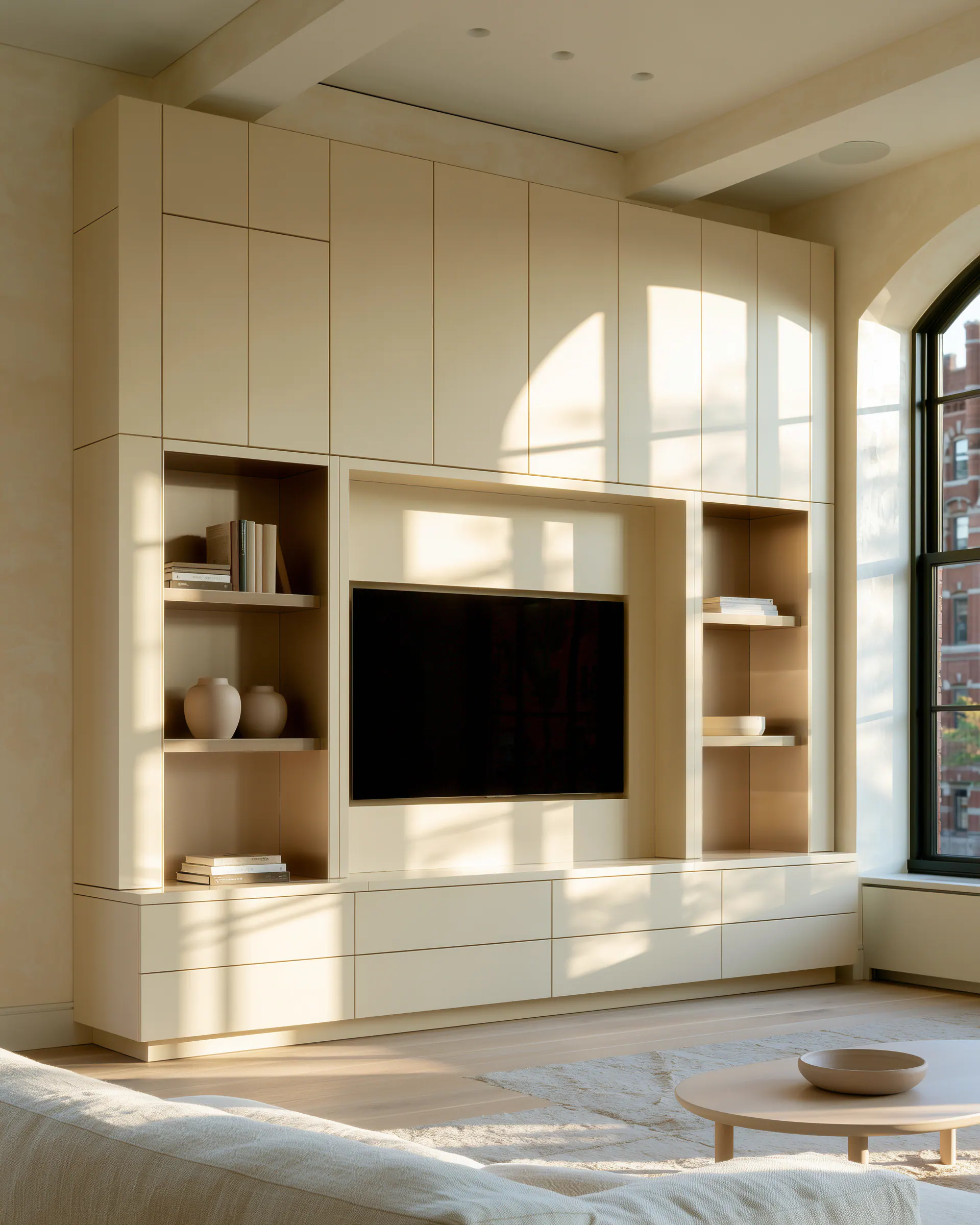 Pale aluminum media wall with integrated shelving and low drawers in warm daylight