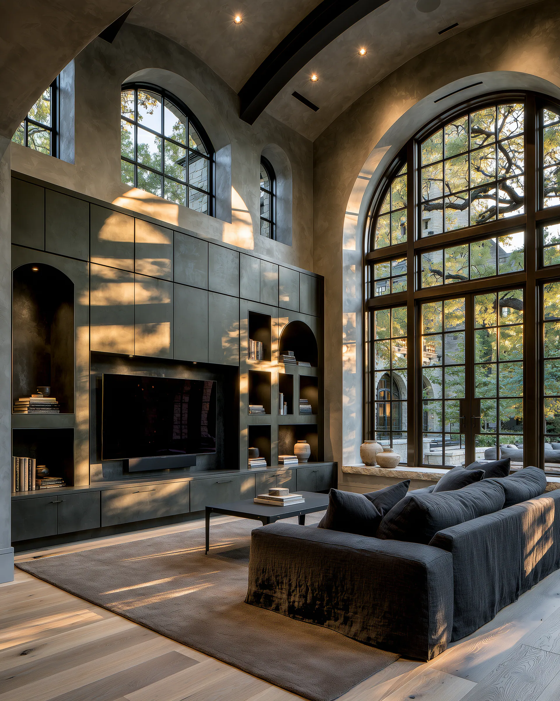 Graphite aluminum living room wall with media, shelves and arched openings below tall windows