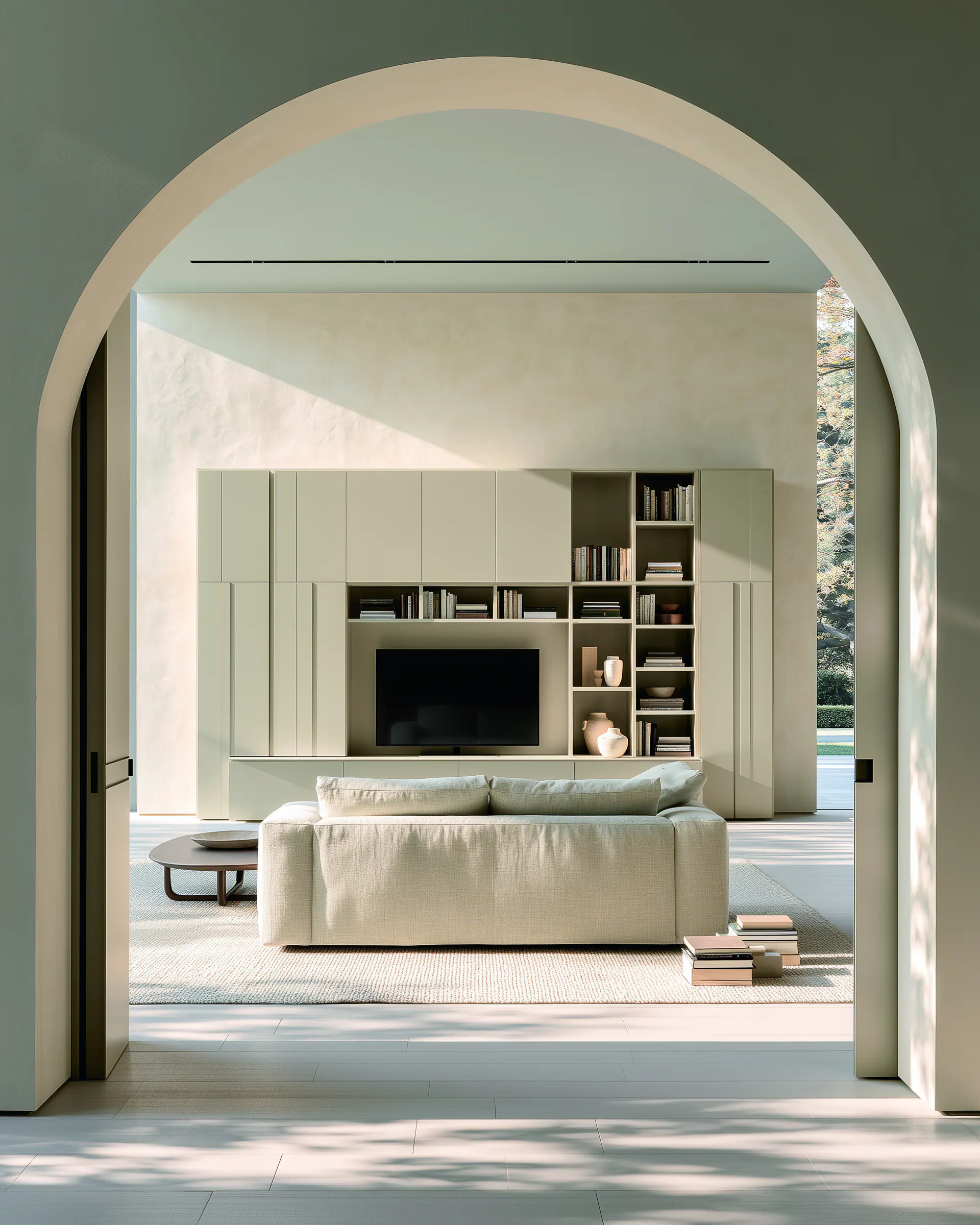 Large pale aluminum media and storage wall viewed through a broad interior arch