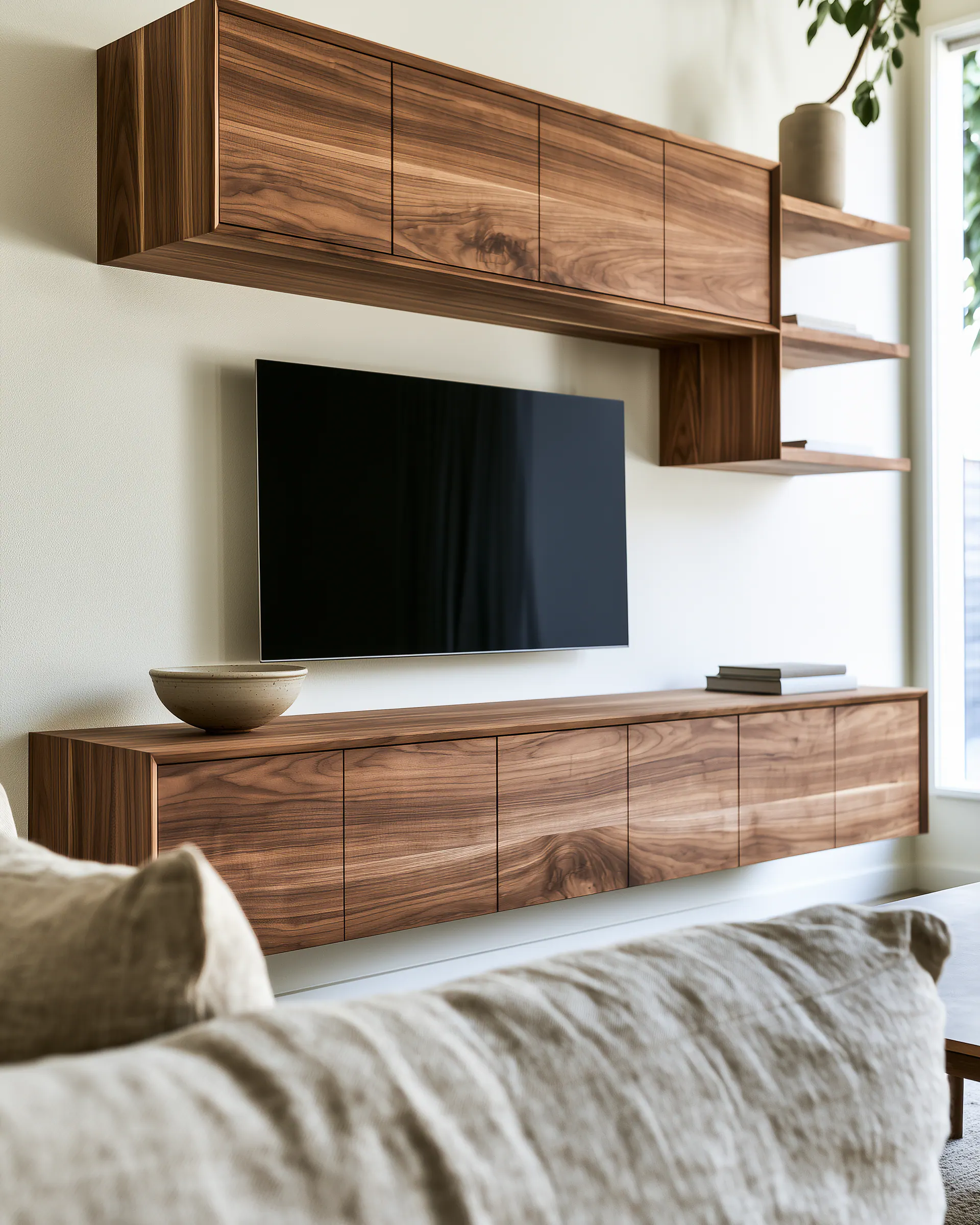 Walnut media wall with floating cabinets and open shelves arranged around a television