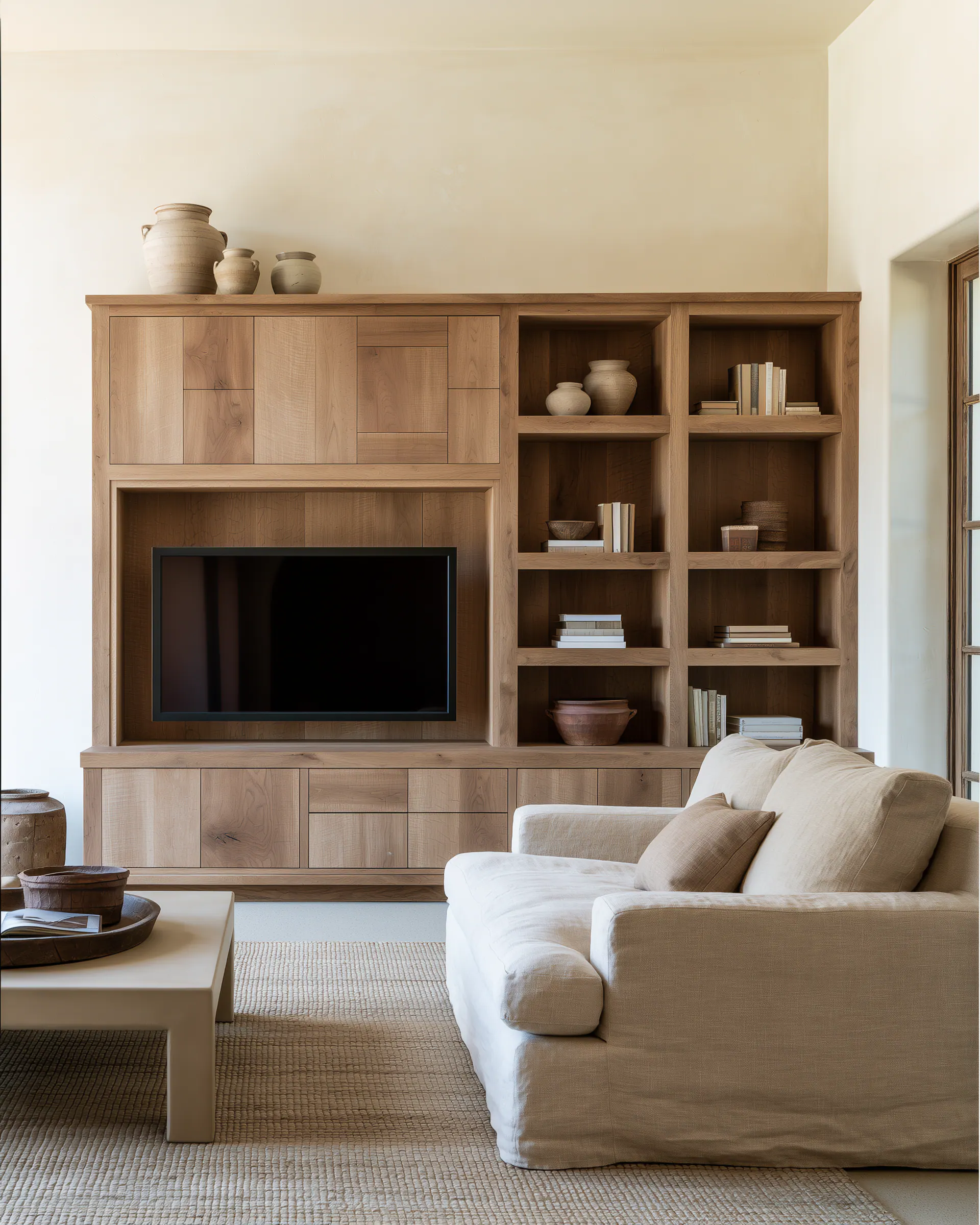 Full light wood living room media wall with shelves, cabinets and integrated display niches