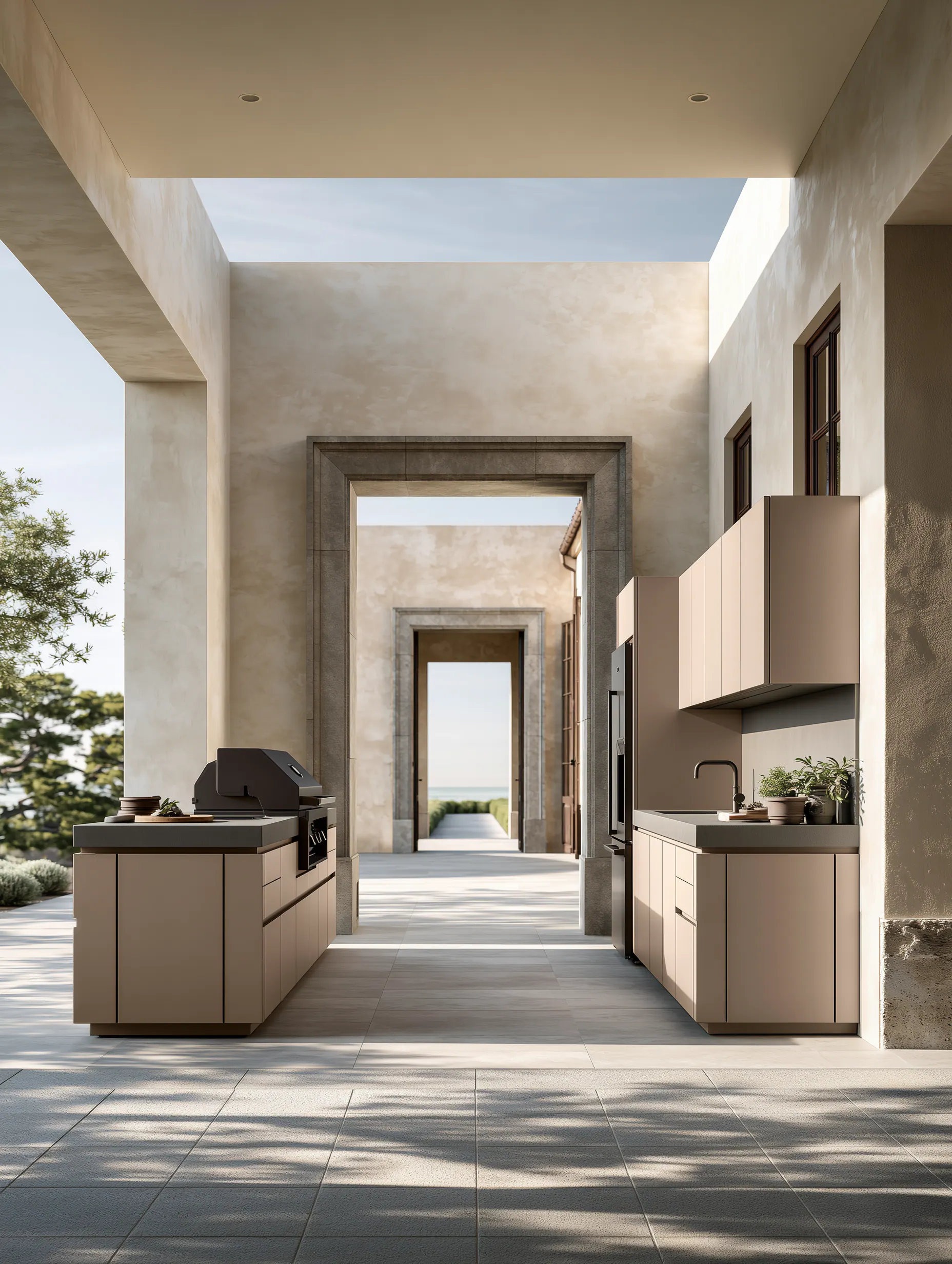 Compact sand aluminum outdoor kitchen arranged beneath a sequence of open architectural frames