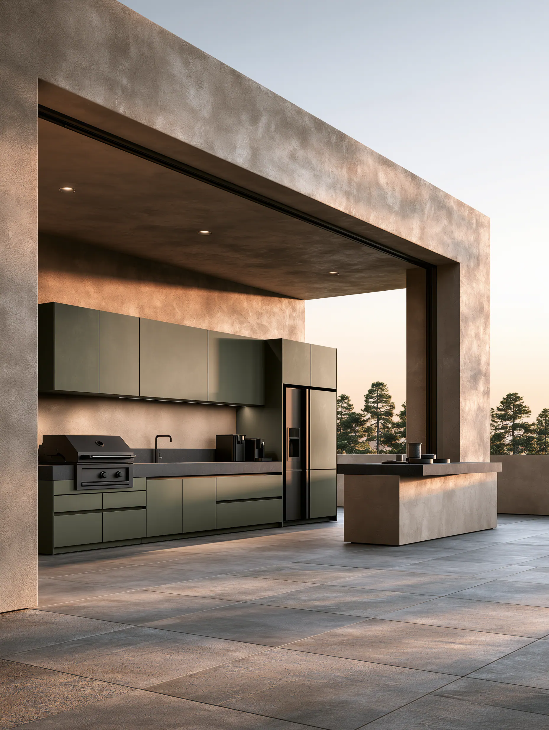 Deep olive aluminum outdoor kitchen set within a broad covered terrace overlooking trees