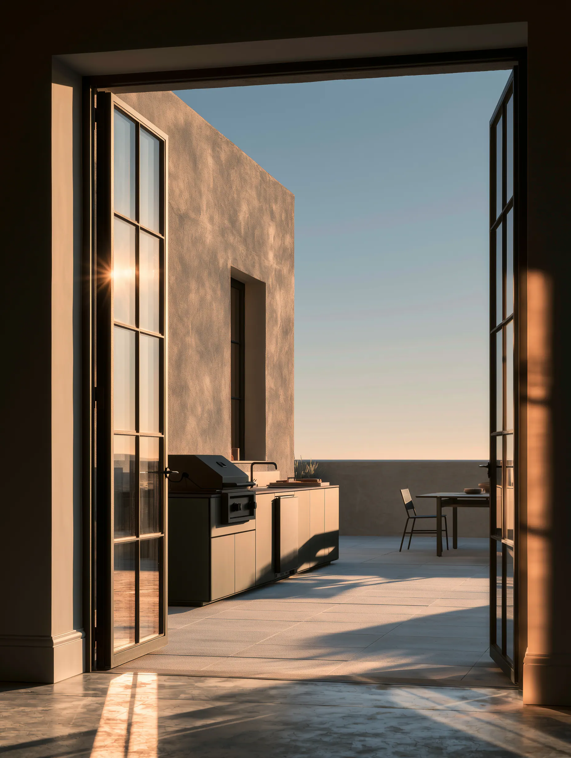 Warm aluminum outdoor kitchen seen through open doors at the edge of a sunset terrace