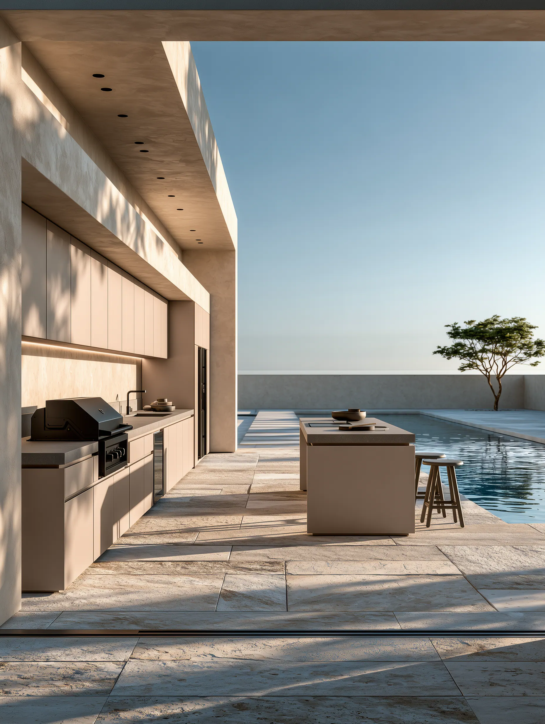 Sand aluminum outdoor cooking run and island beside a quiet contemporary pool