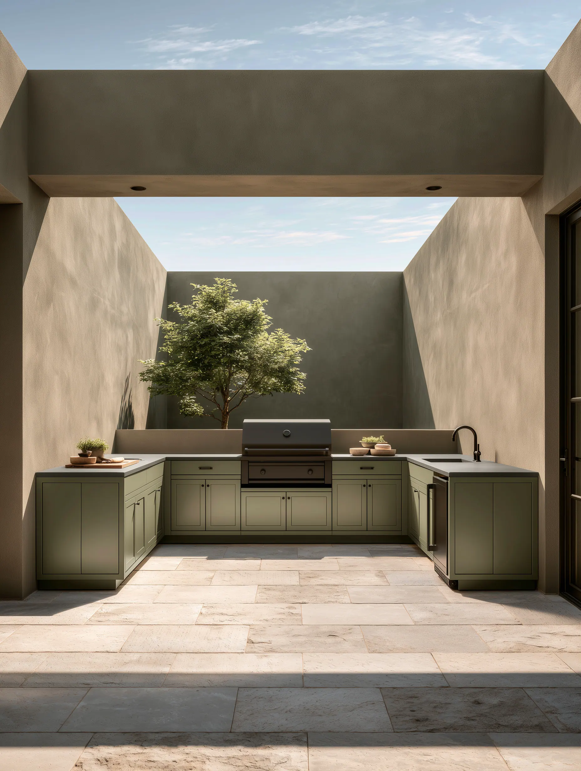 U-shaped olive aluminum outdoor kitchen framed by an open courtyard and central tree