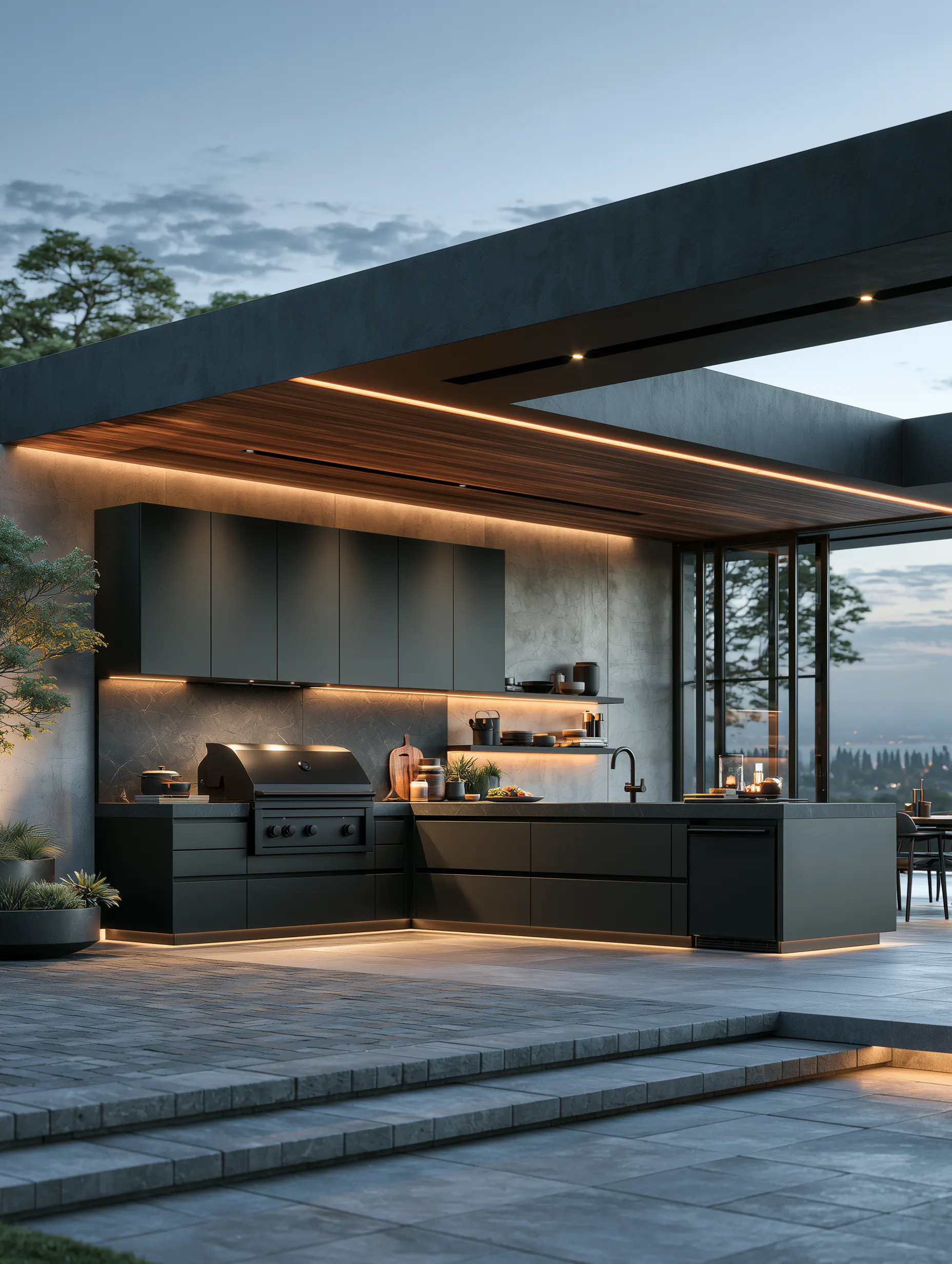 Dark aluminum outdoor kitchen with integrated lighting beneath a contemporary pavilion
