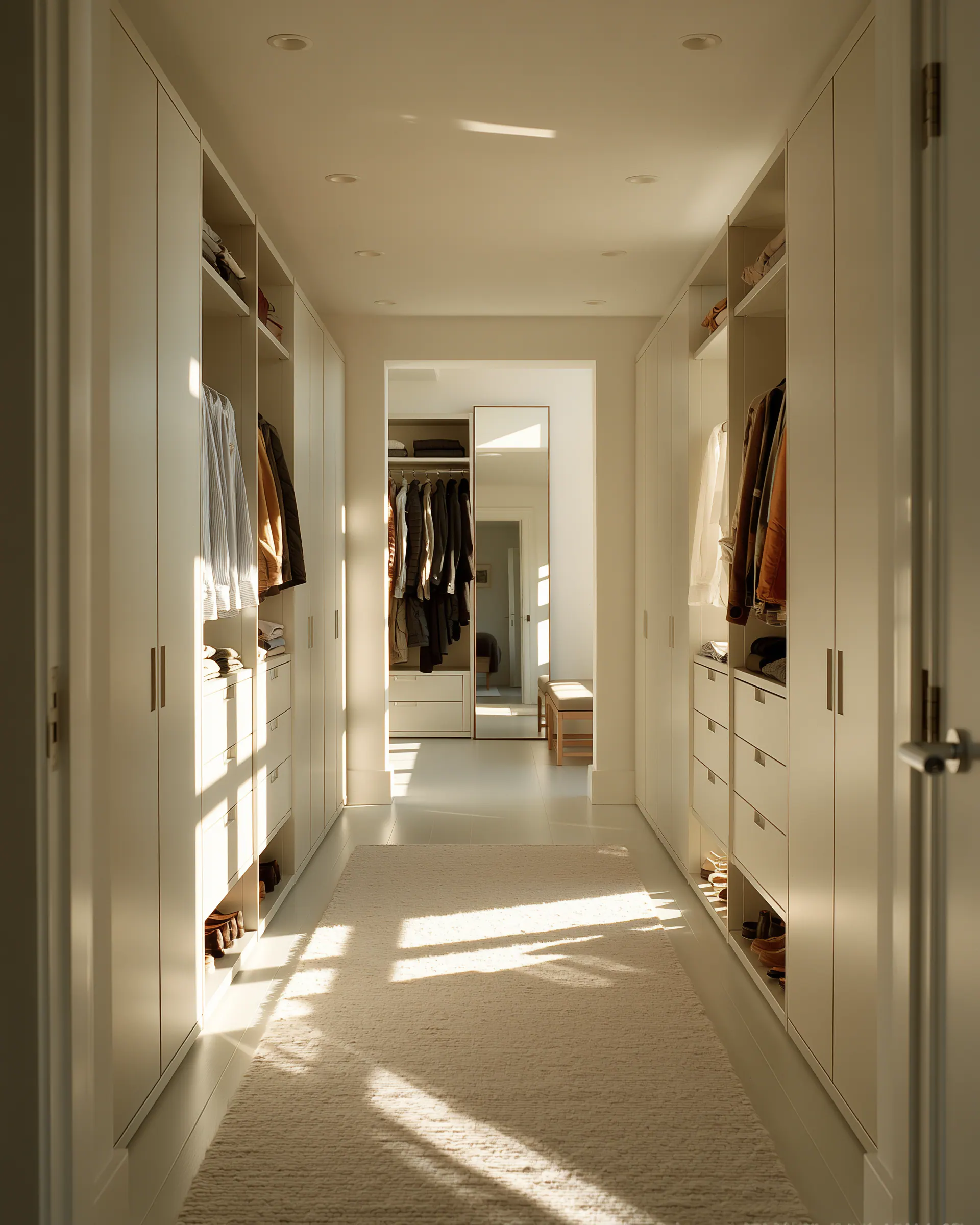 Pale aluminum walk-through wardrobe with long parallel storage walls and open hanging bays