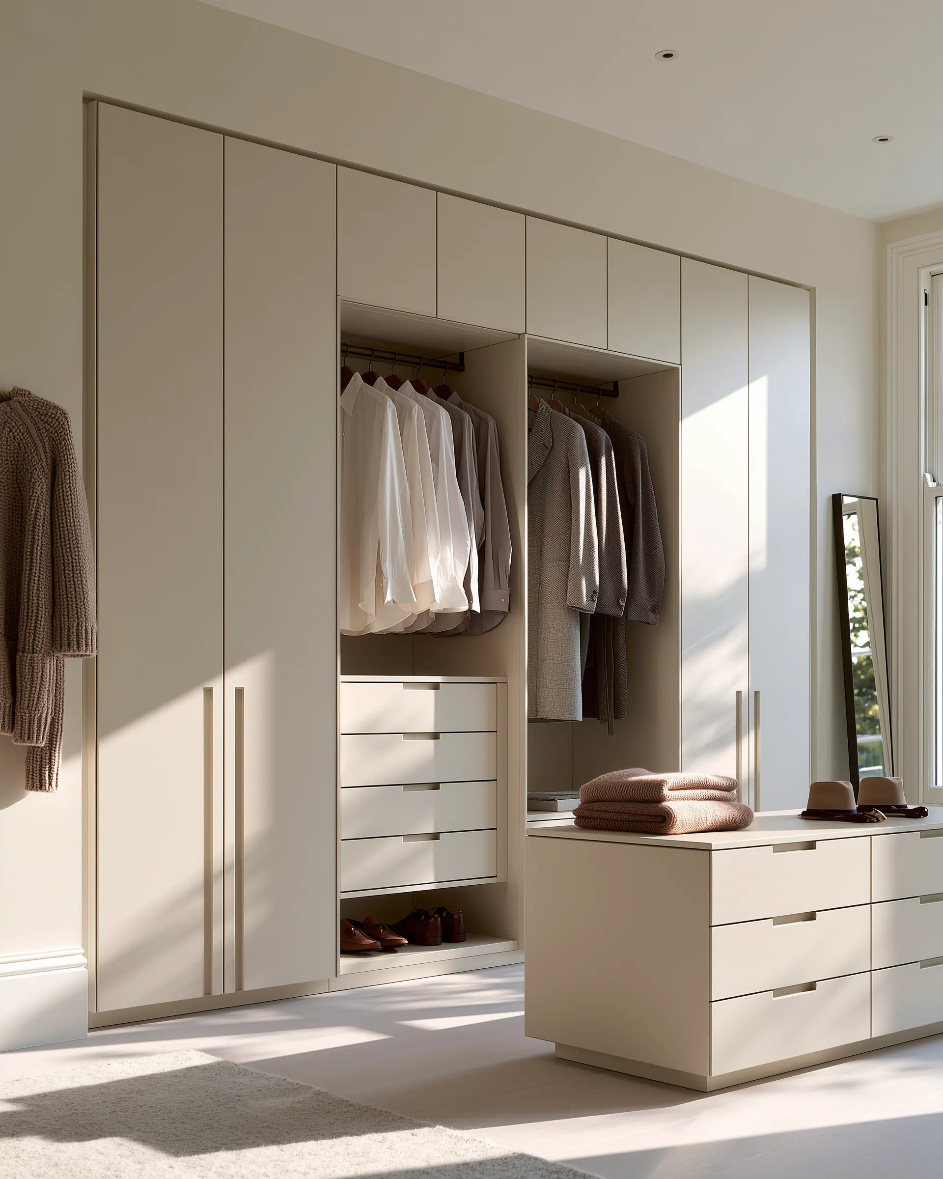 Warm neutral aluminum wardrobe with open hanging space, drawers and a central island