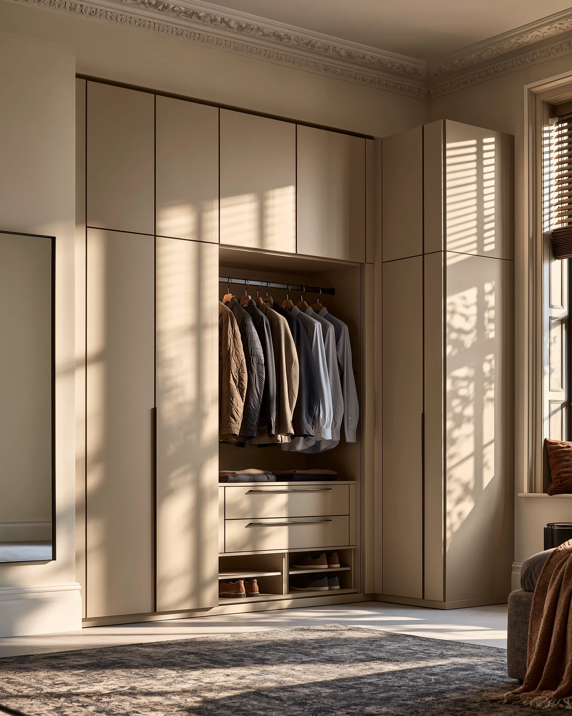Full-height pale aluminum wardrobe with an open illuminated bay beside a bedroom