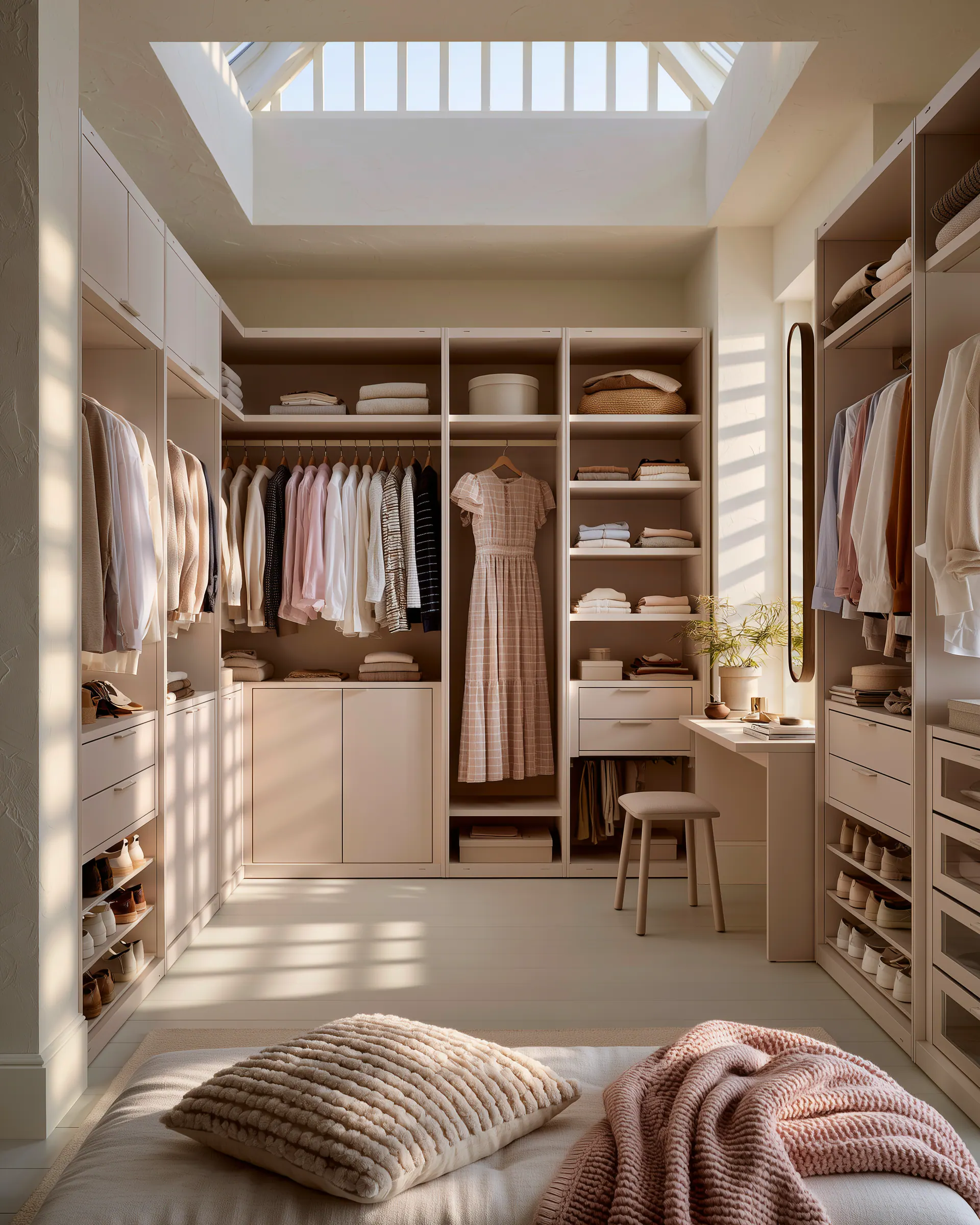 Bright L-shaped aluminum dressing room with open storage beneath a large skylight