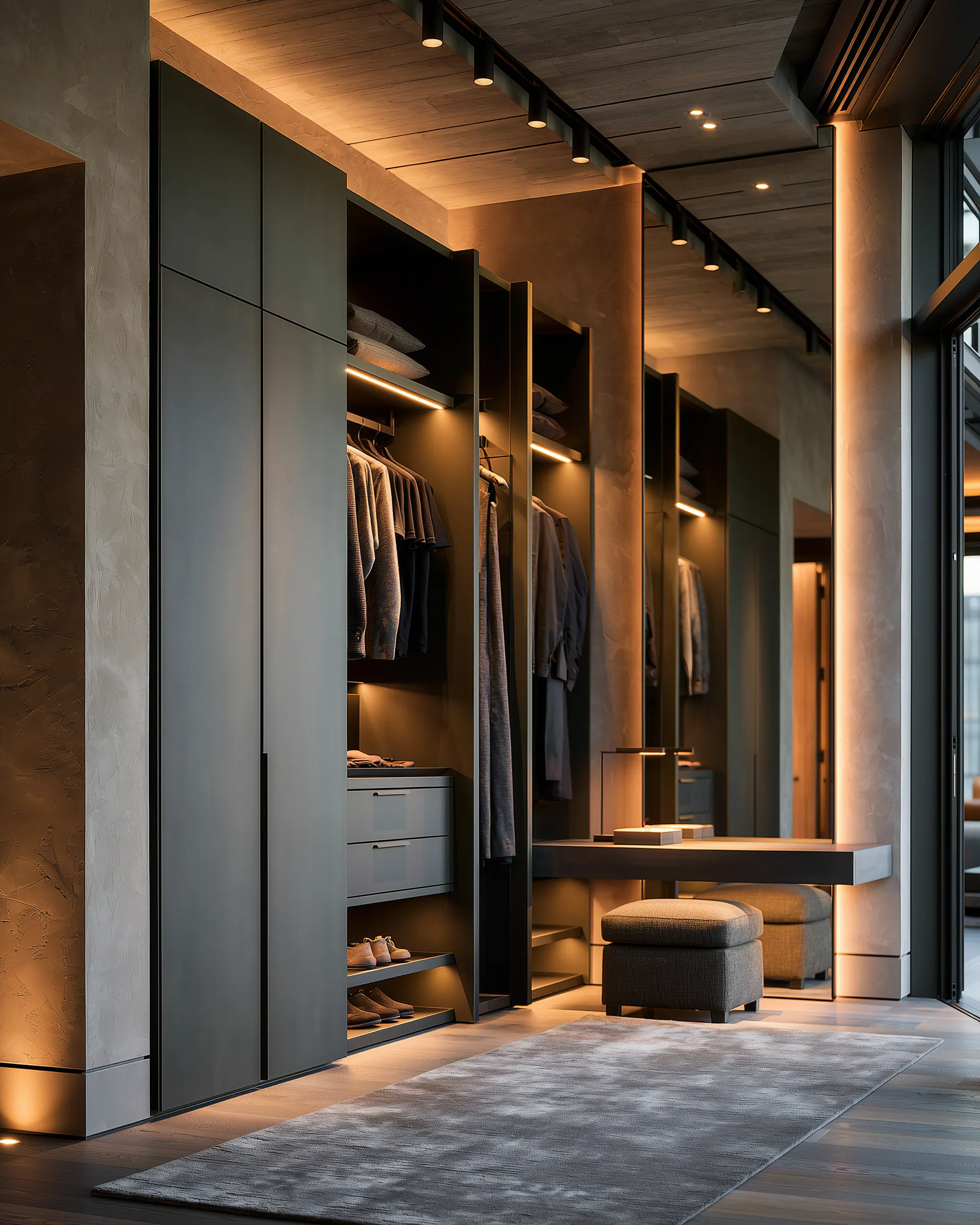 Dark graphite aluminum wardrobe with integrated lighting and a compact dressing table