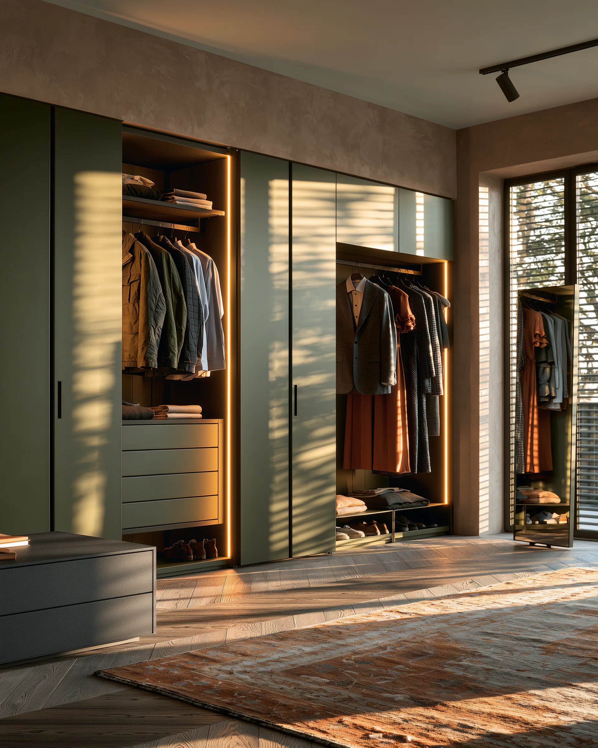 Deep olive aluminum wardrobe system with lit open bays and a freestanding drawer island