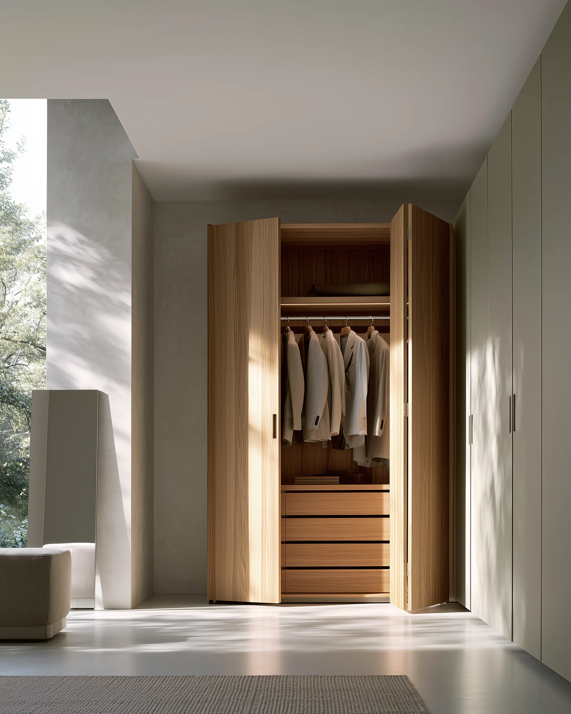 Single light wood wardrobe standing open within a restrained contemporary dressing space