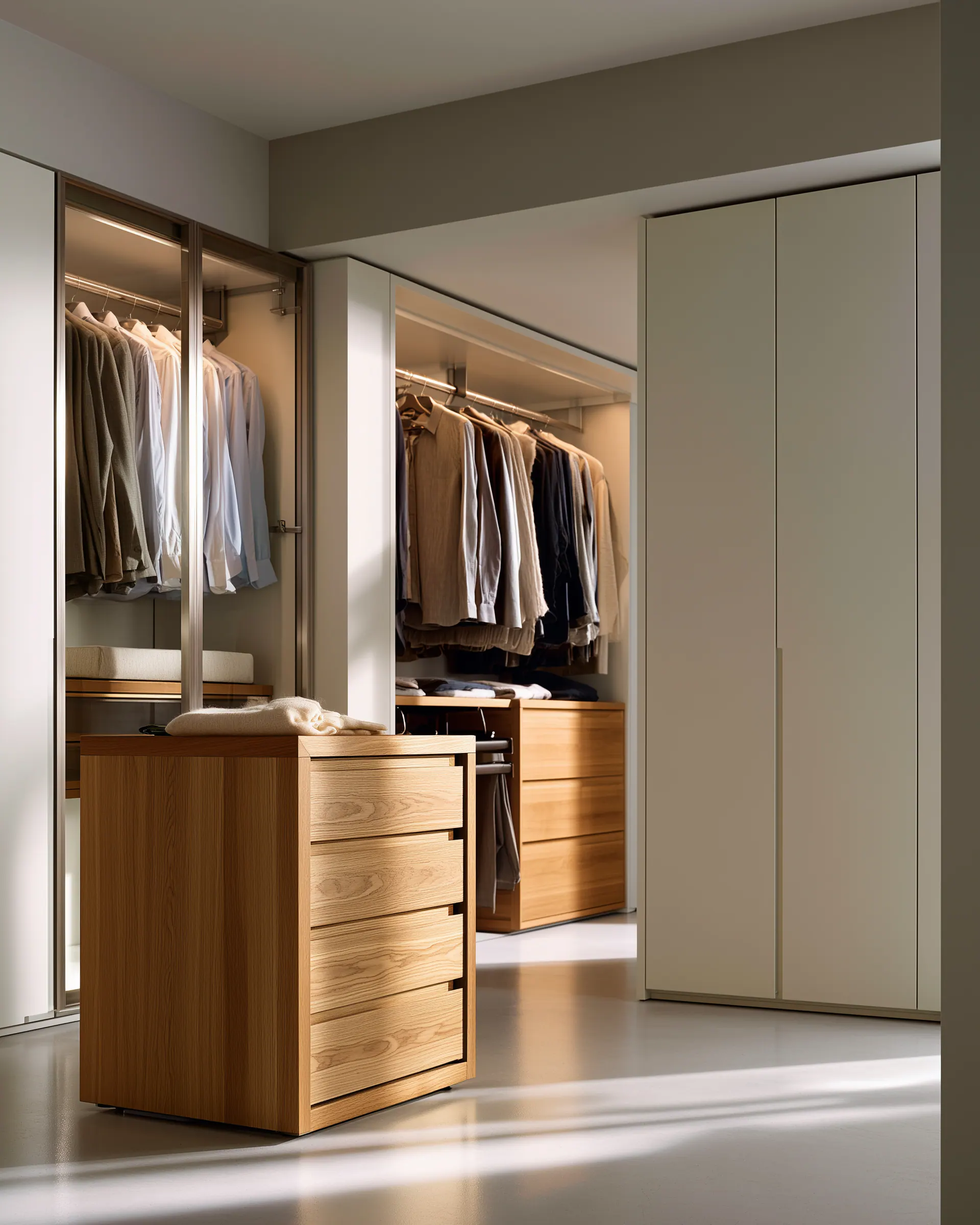 Light wood drawer island set in front of a bright fitted wardrobe with open hanging storage