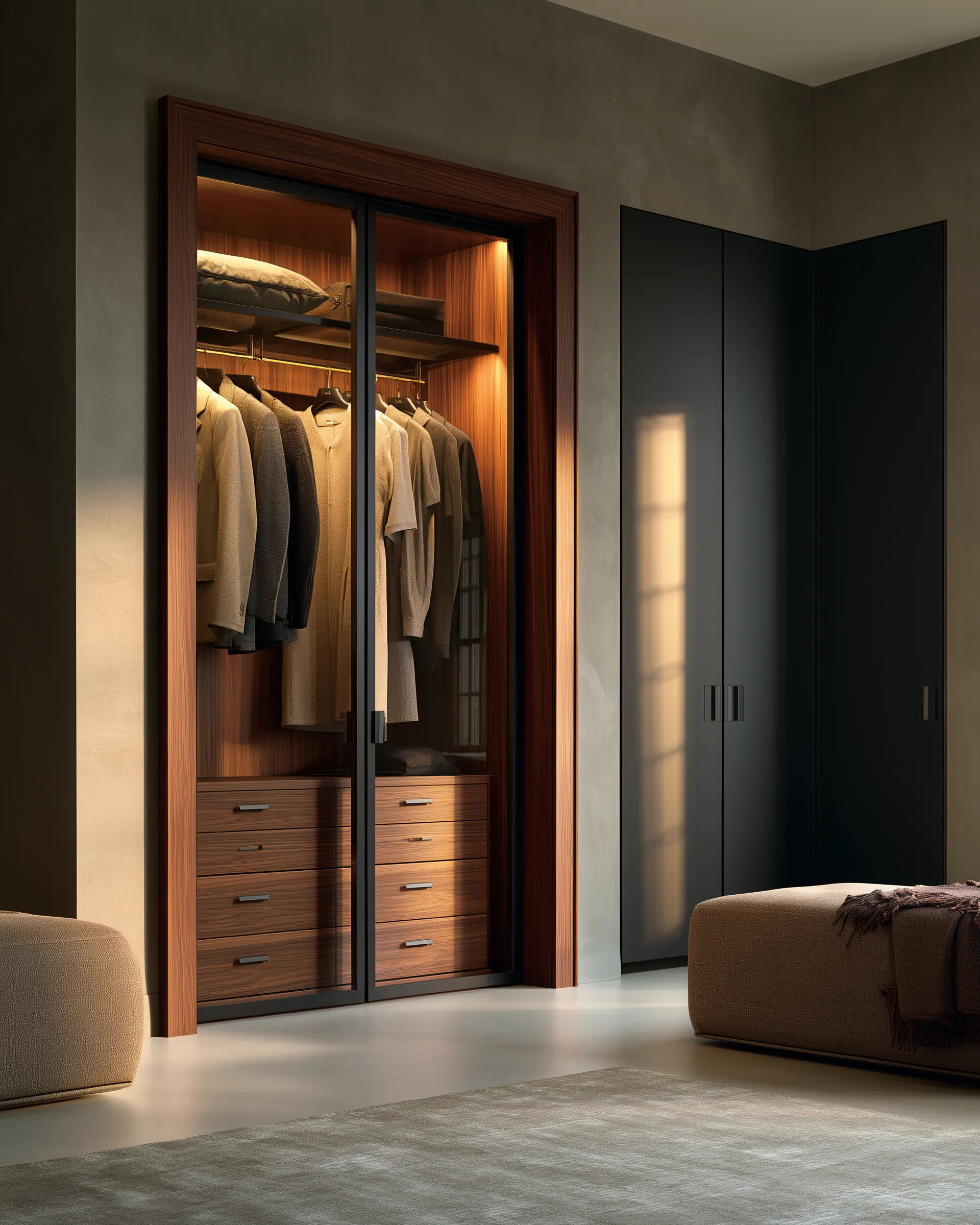 Dark wood and glass wardrobe with illuminated interiors beside quiet full-height cabinetry