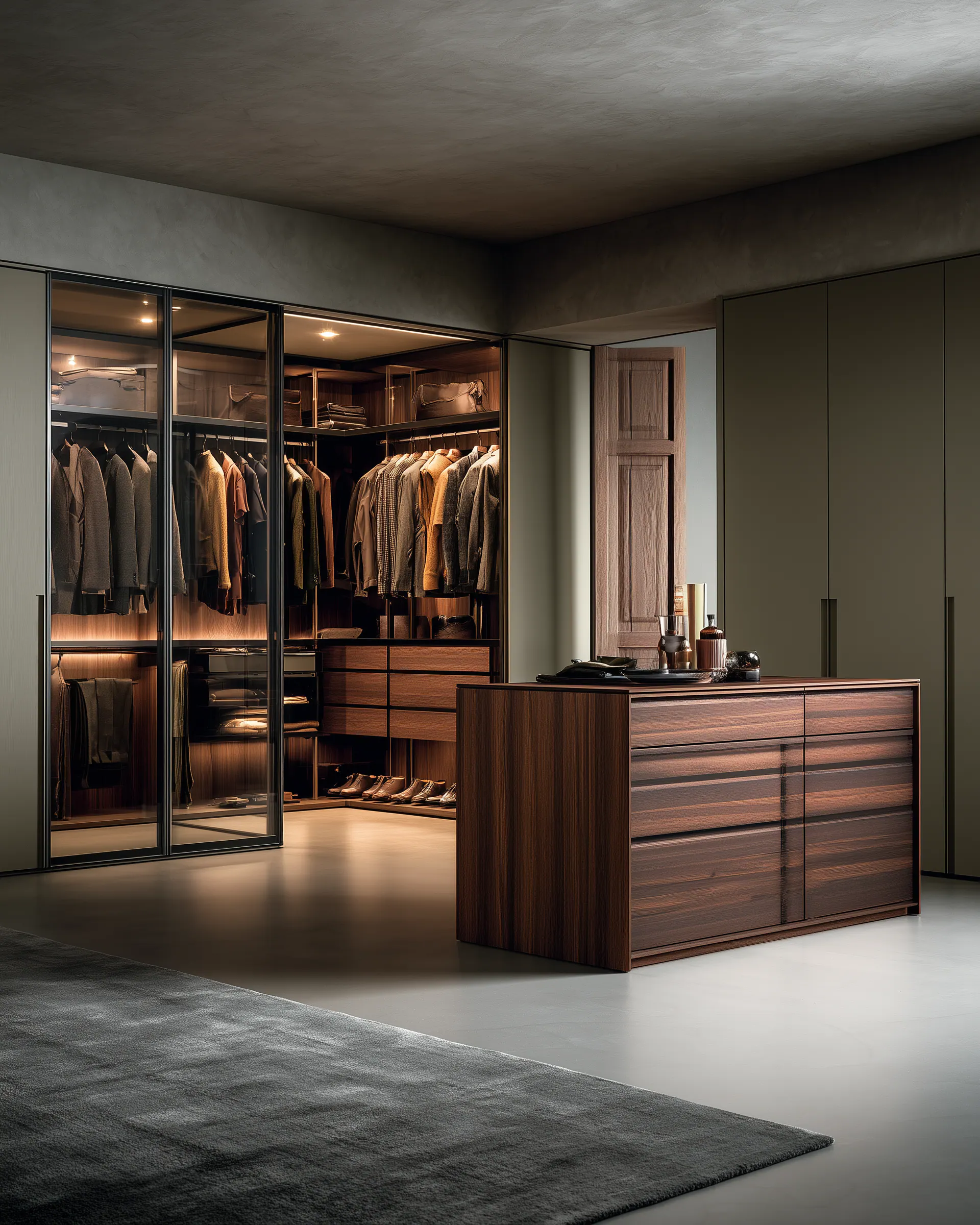 Dark timber dressing room with glass wardrobe doors and a broad matching drawer island