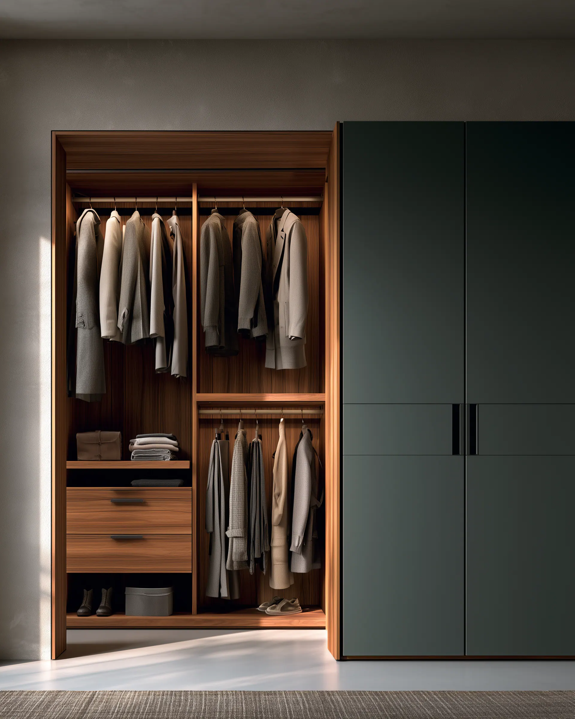 Open walnut wardrobe paired with deep green storage doors in a compact dressing room