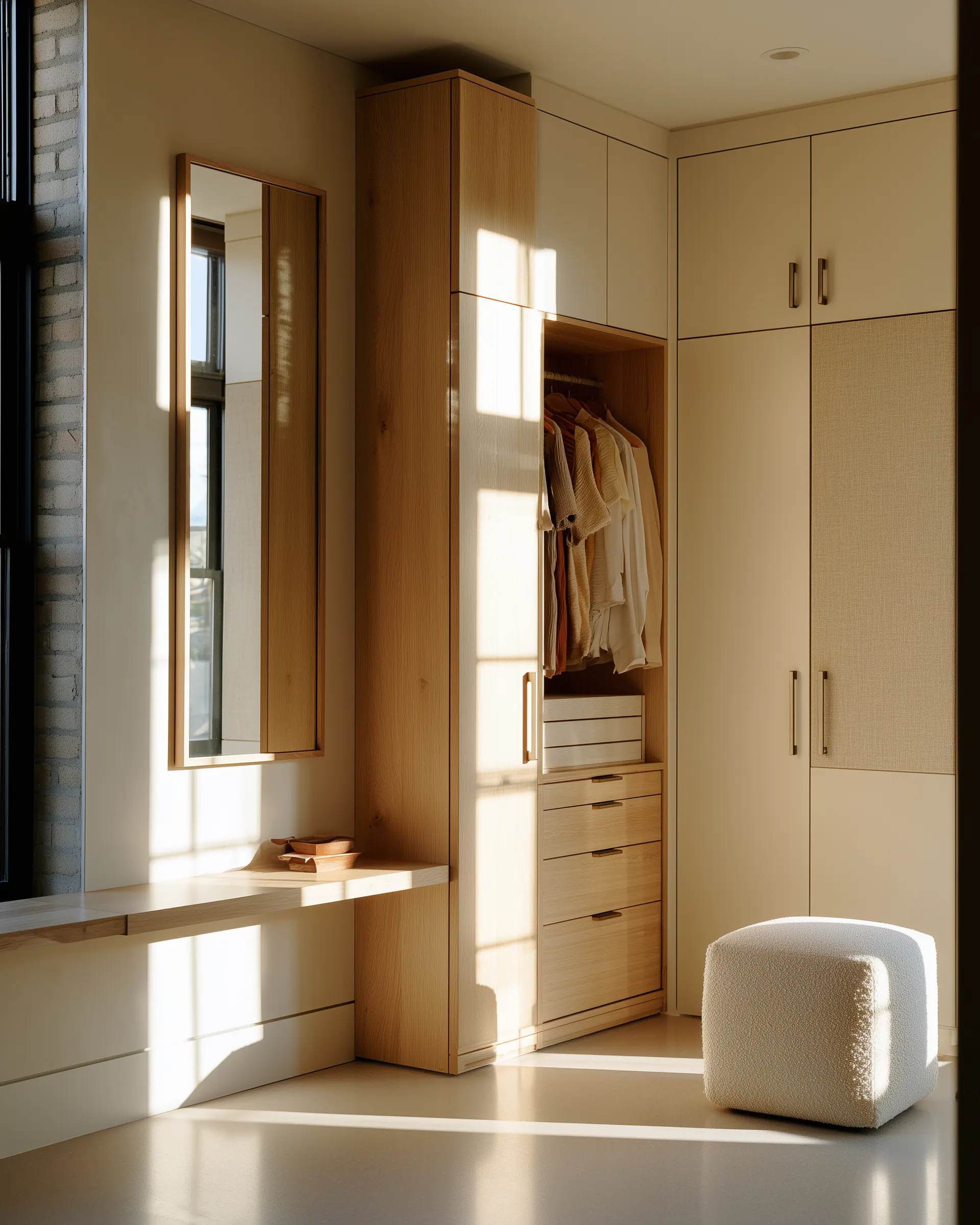 Warm wood dressing niche with a full-height wardrobe, drawers, mirror and built-in seat