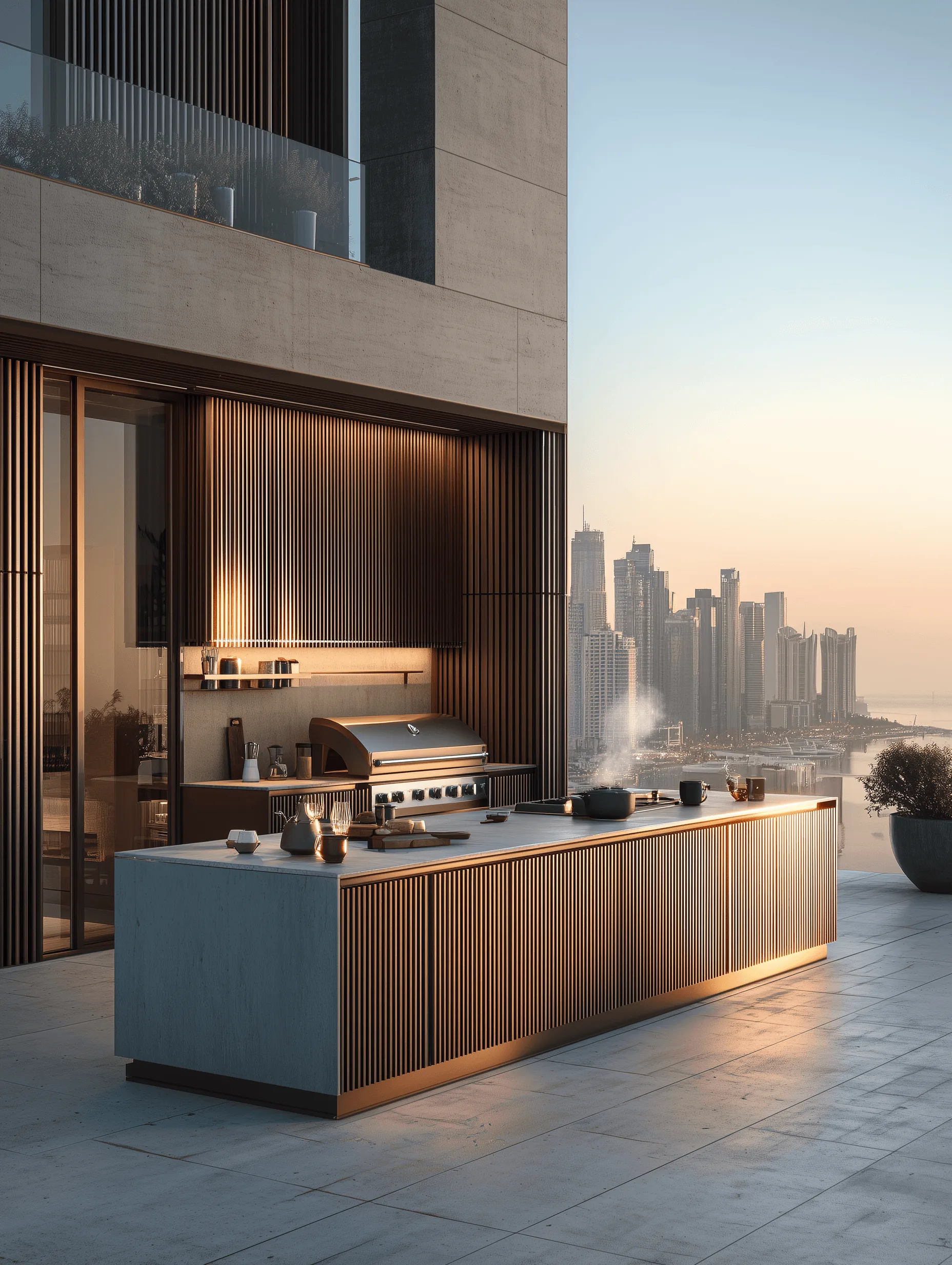Zovia Champagne, Gold & Wood Grain stainless steel outdoor kitchen